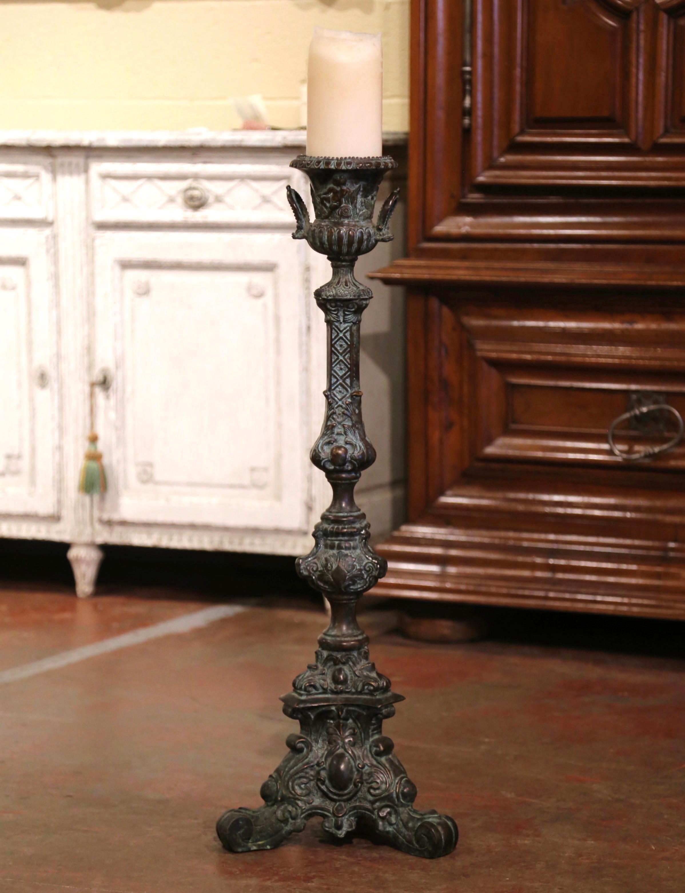 20th Century Mid-Century French Louis XV Patinated Verdigris Bronze Candle Holder For Sale