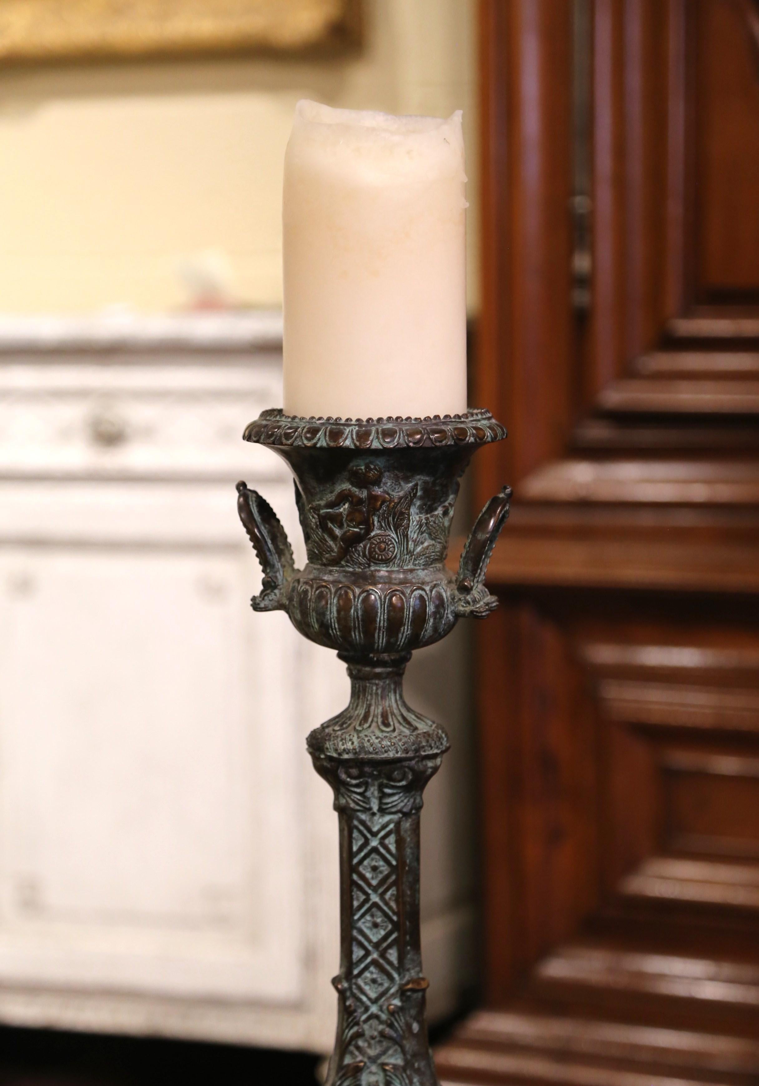 Mid-Century French Louis XV Patinated Verdigris Bronze Candle Holder For Sale 1