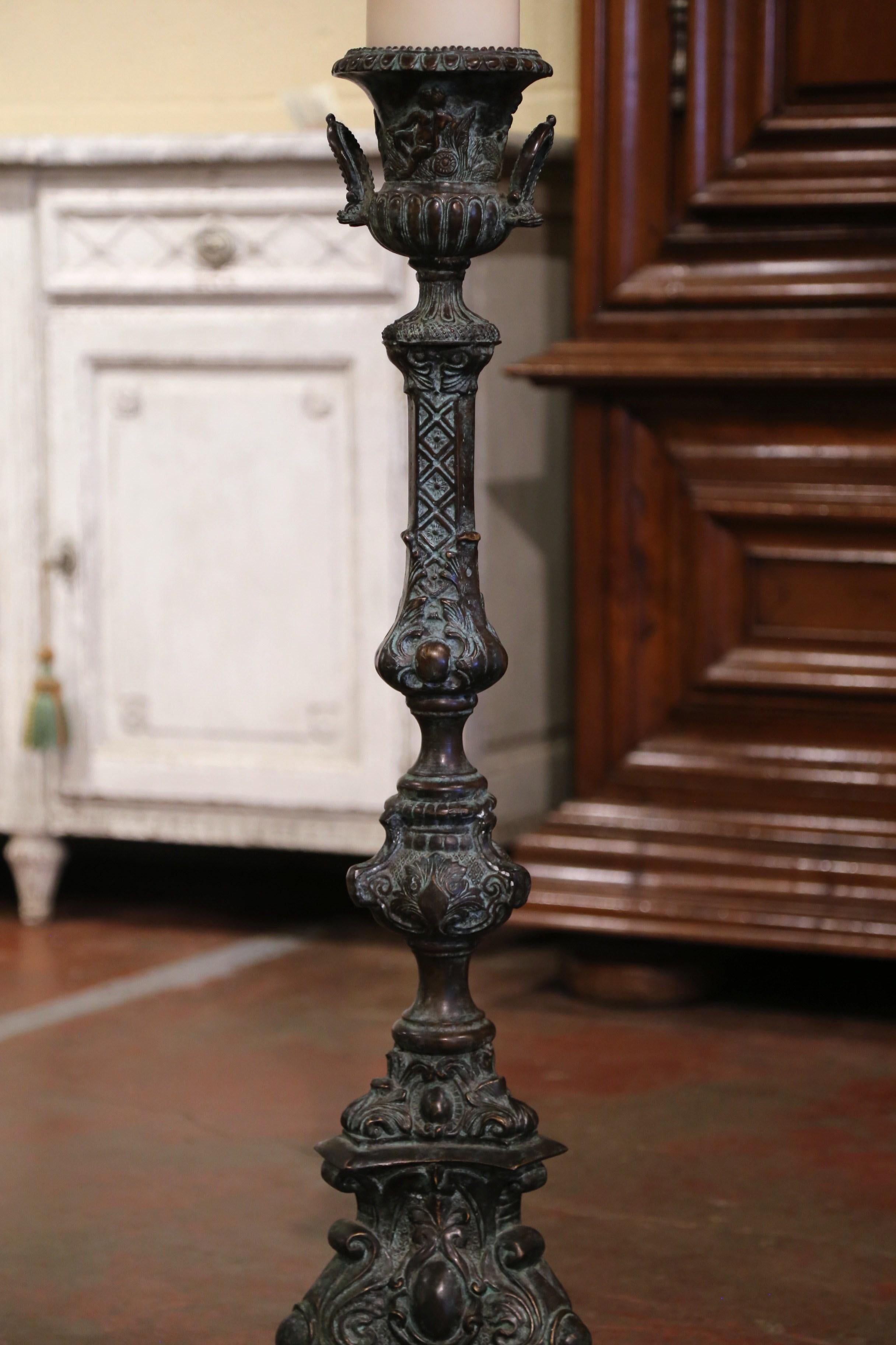 Mid-Century French Louis XV Patinated Verdigris Bronze Candle Holder For Sale 3