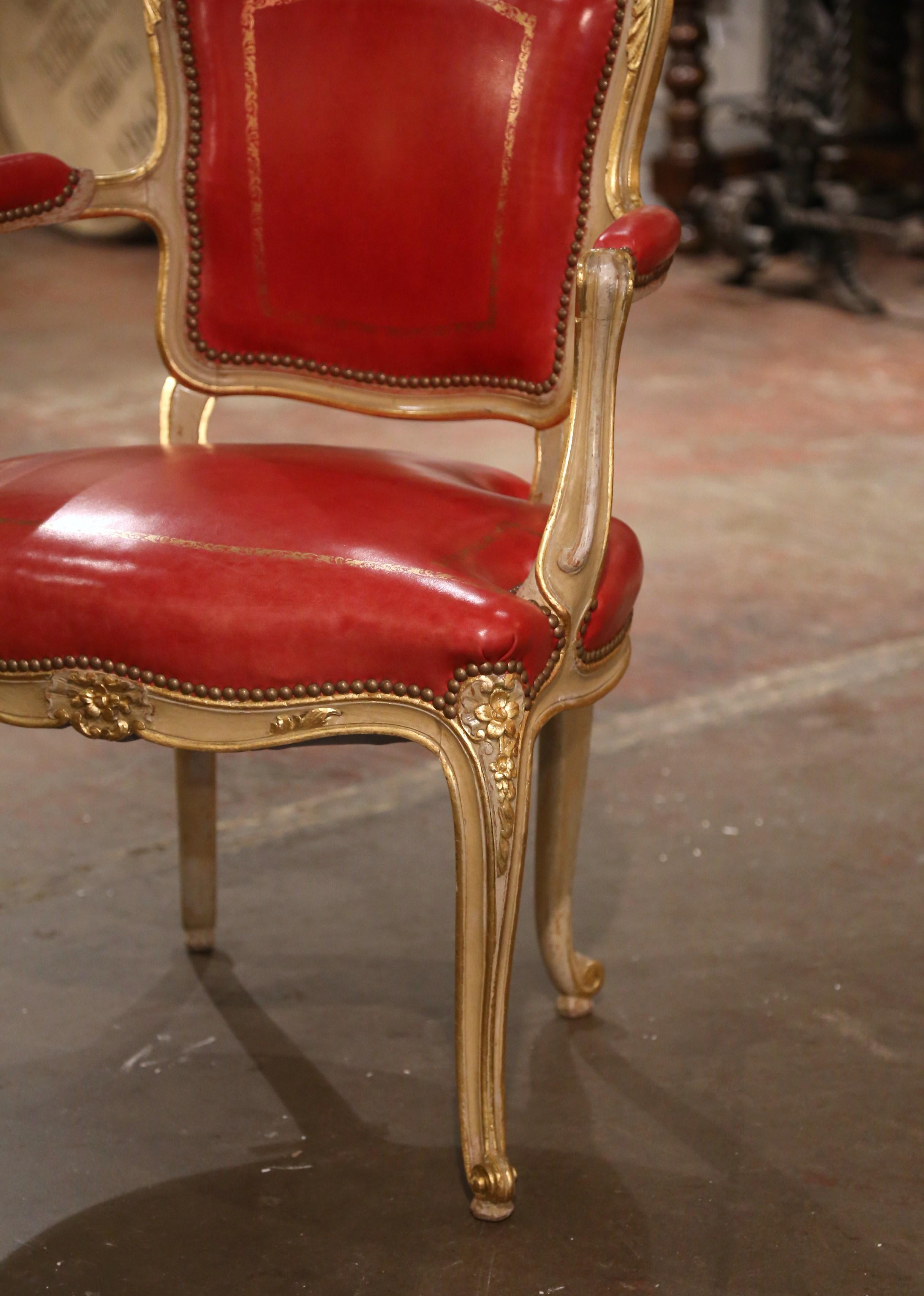Mid-Century French Louis XV Red Leather Carved Painted and Gilt Desk Armchair In Excellent Condition For Sale In Dallas, TX