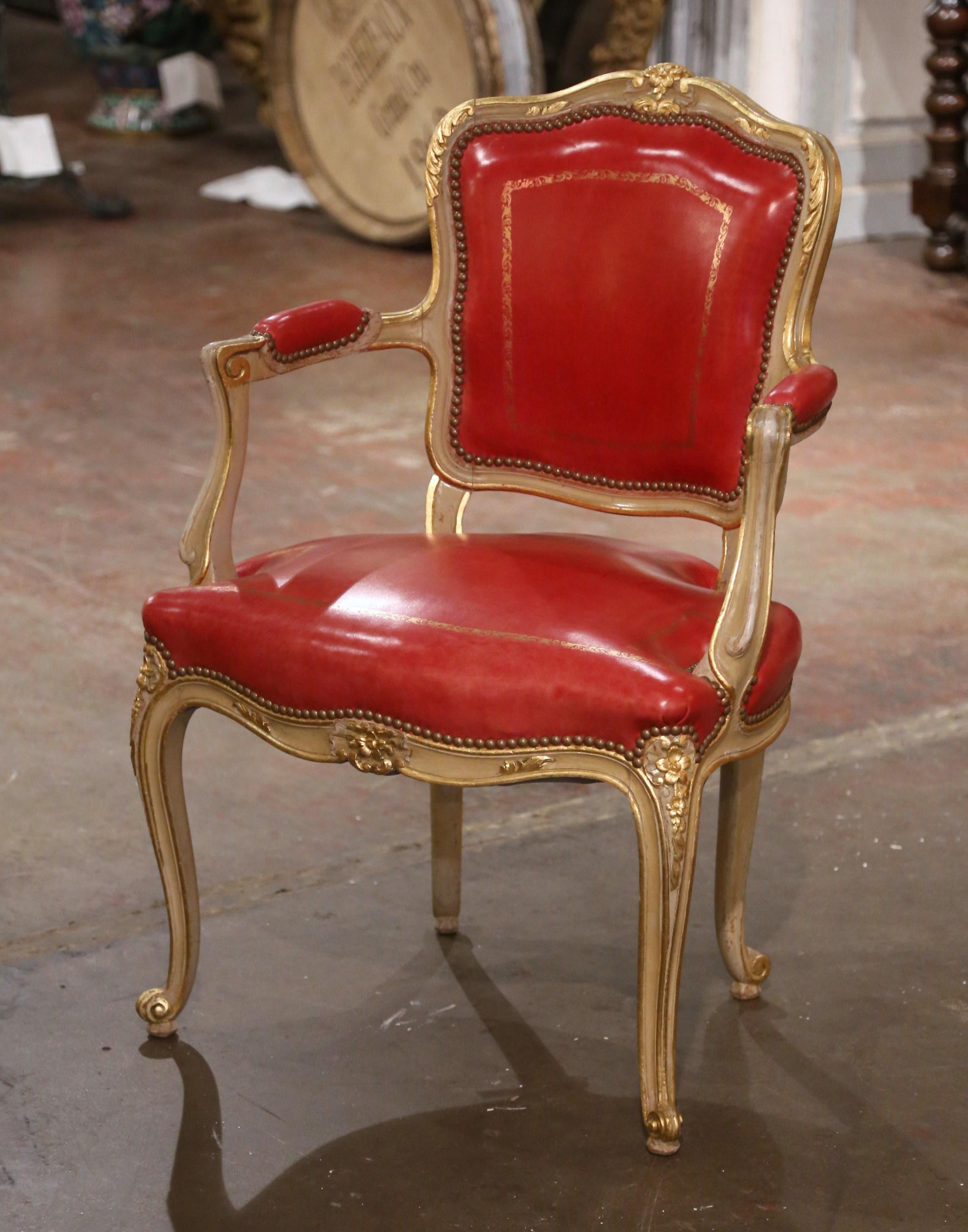20th Century Mid-Century French Louis XV Red Leather Carved Painted and Gilt Desk Armchair For Sale