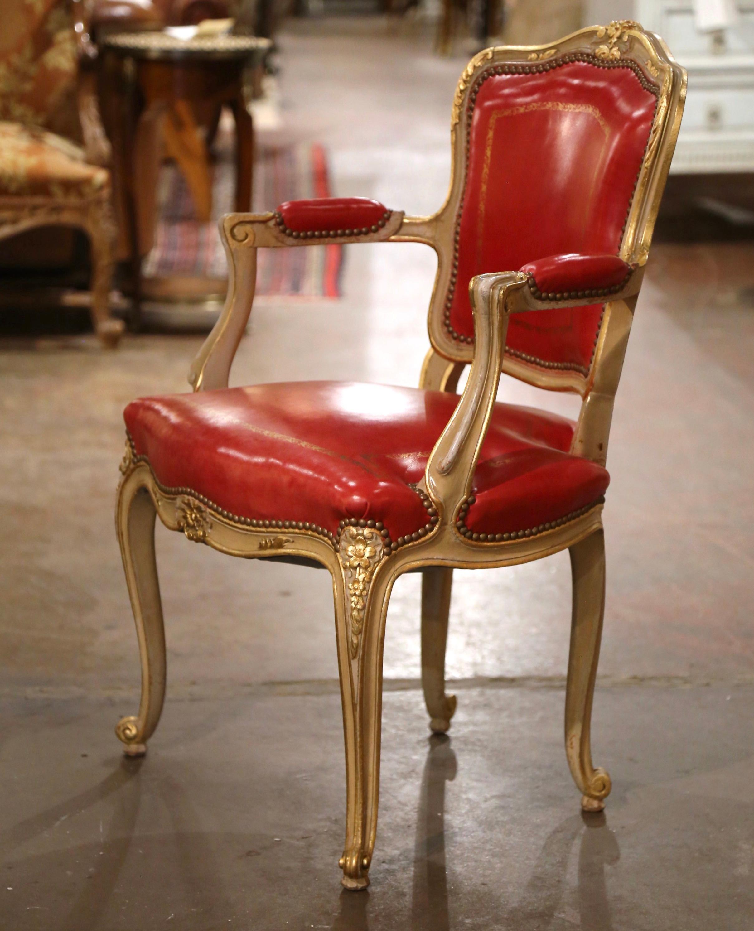 Mid-Century French Louis XV Red Leather Carved Painted and Gilt Desk Armchair For Sale 1