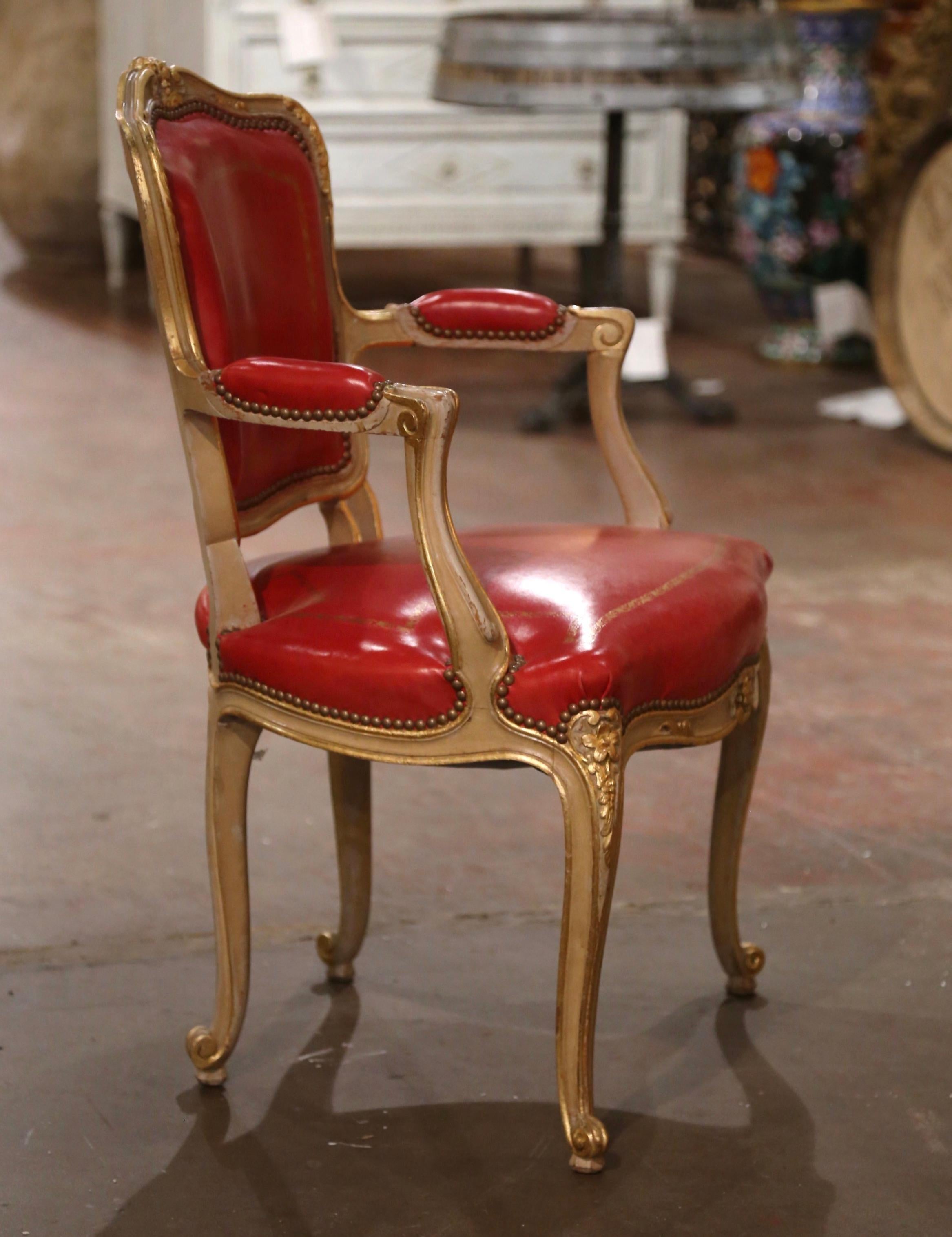 Mid-Century French Louis XV Red Leather Carved Painted and Gilt Desk Armchair For Sale 2