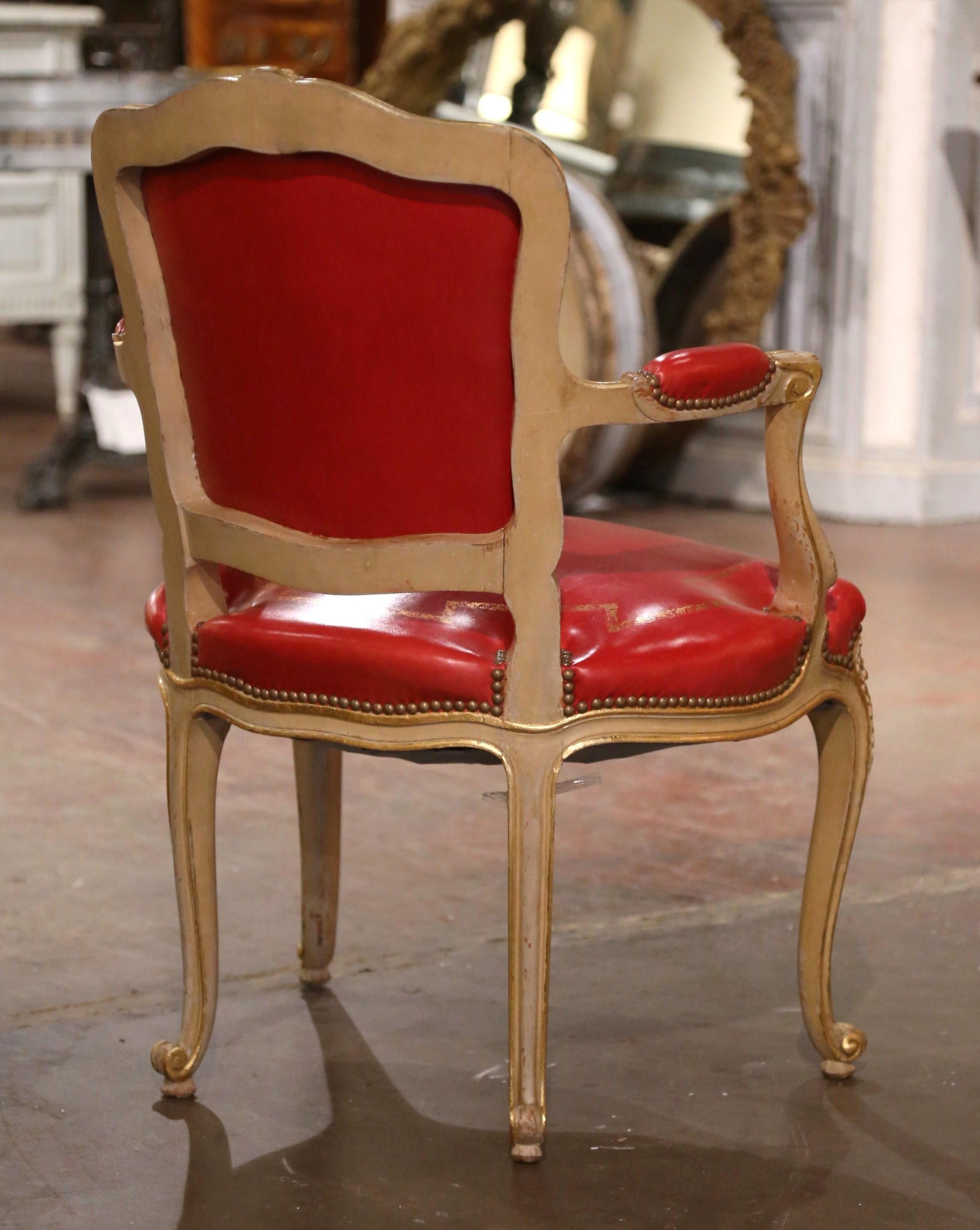 Mid-Century French Louis XV Red Leather Carved Painted and Gilt Desk Armchair For Sale 3