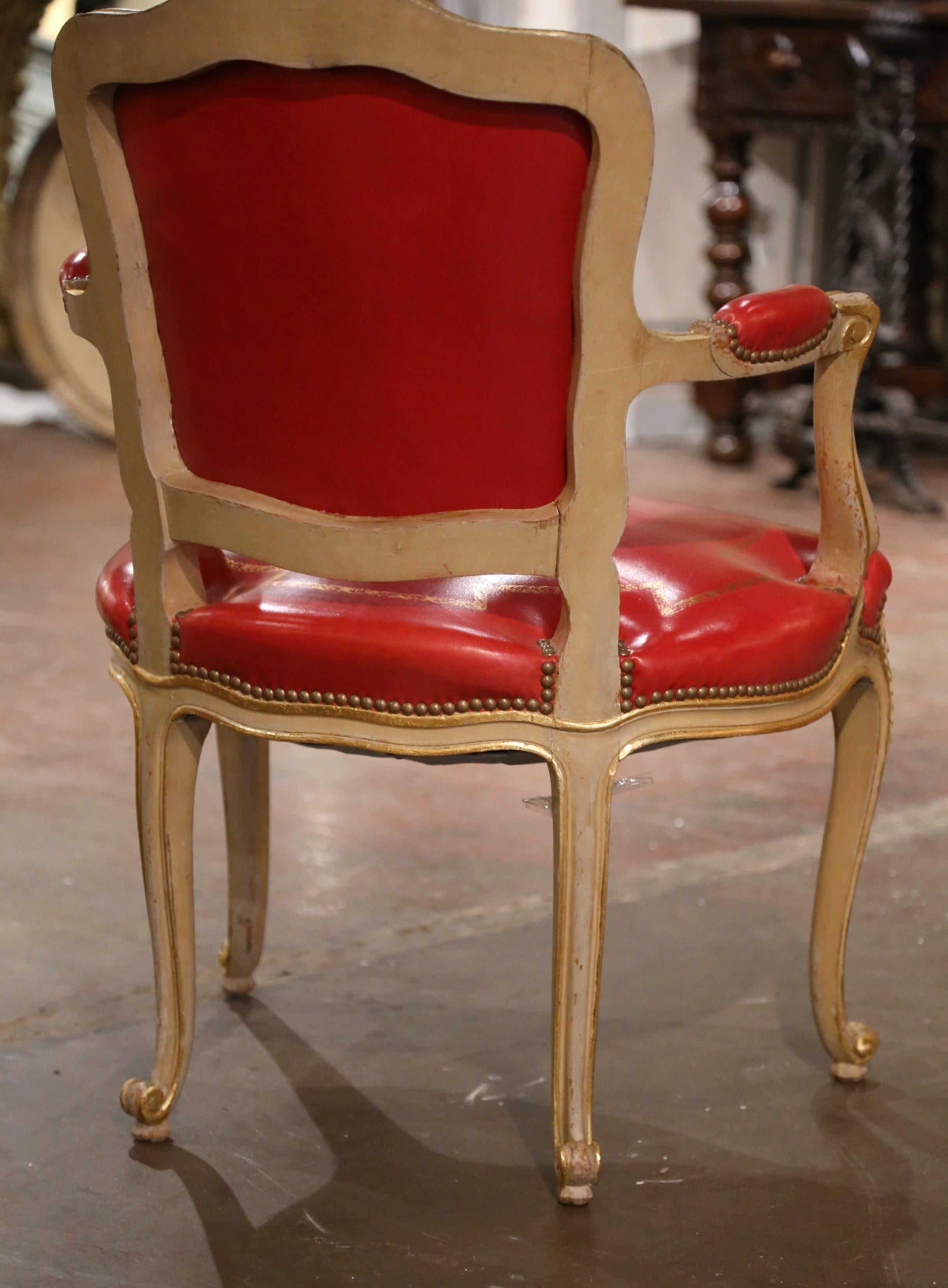 Mid-Century French Louis XV Red Leather Carved Painted and Gilt Desk Armchair For Sale 4