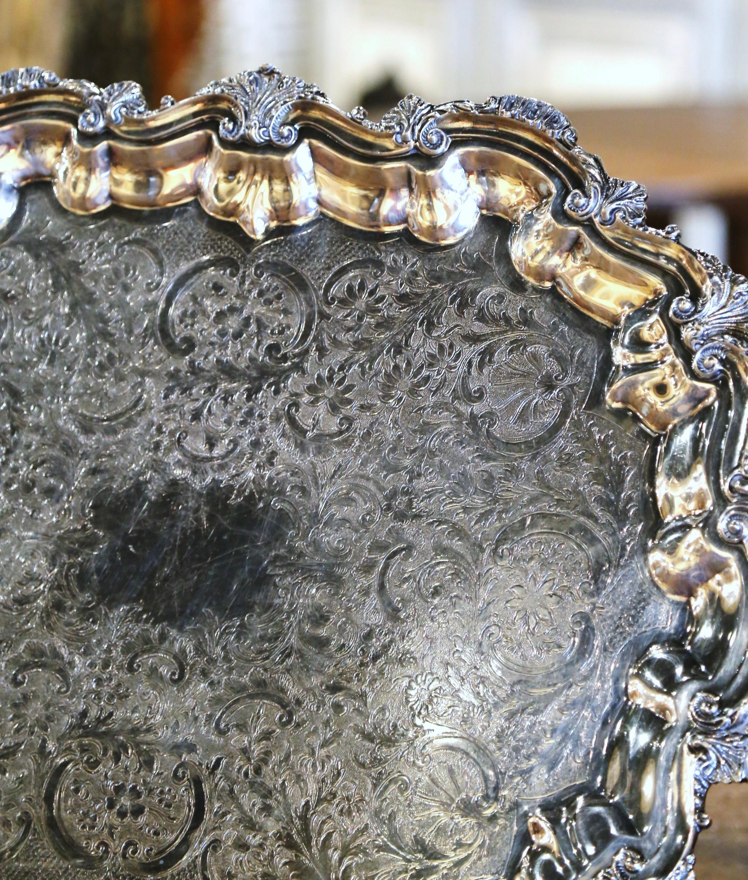 Mid Century French Louis XV Silver Plated Tray with Ornate Scrolls & Engravings In Excellent Condition For Sale In Dallas, TX