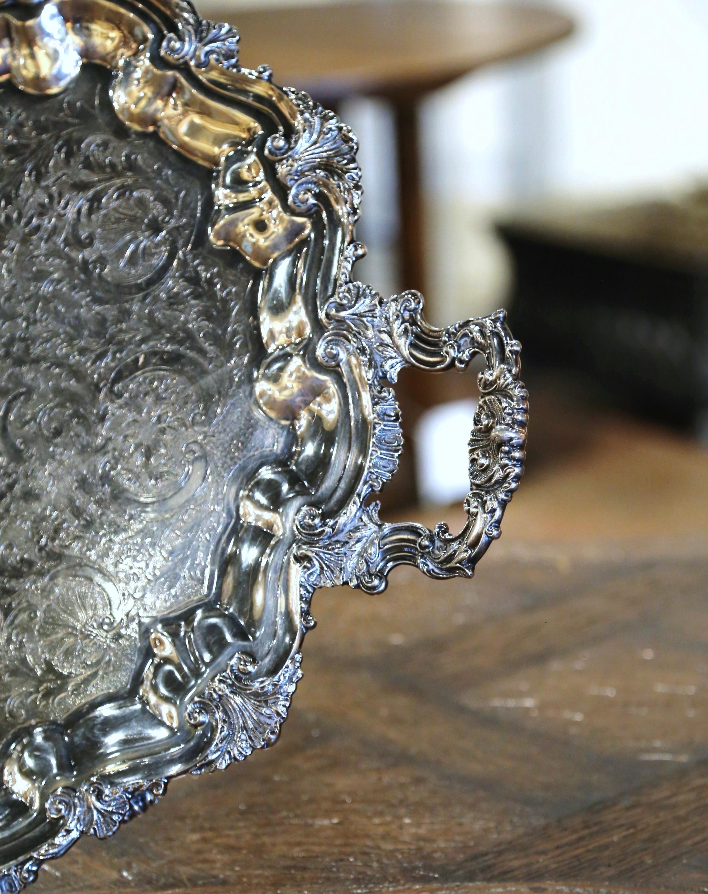 20th Century Mid Century French Louis XV Silver Plated Tray with Ornate Scrolls & Engravings For Sale