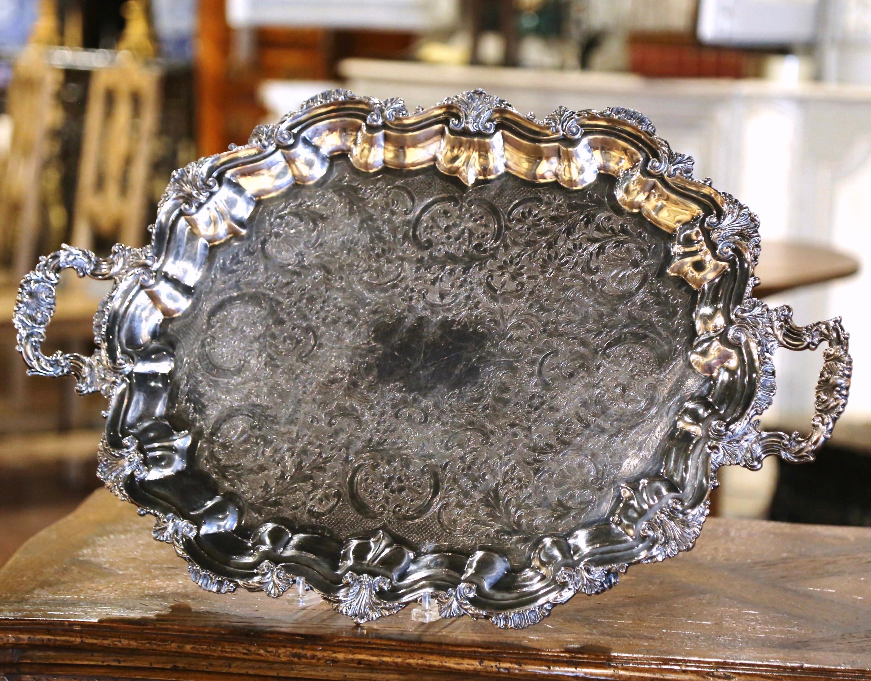 Mid Century French Louis XV Silver Plated Tray with Ornate Scrolls & Engravings For Sale 1