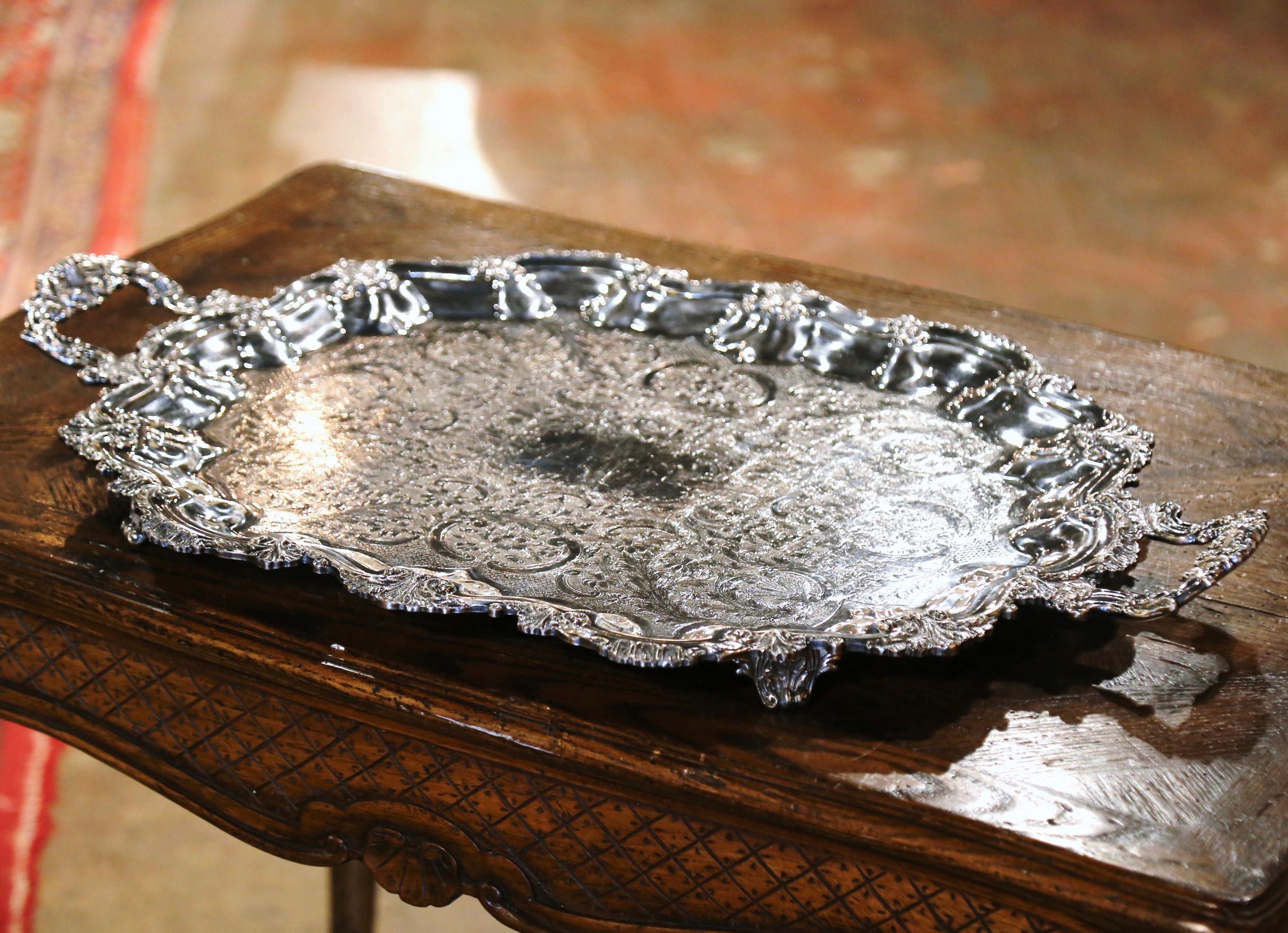Mid Century French Louis XV Silver Plated Tray with Ornate Scrolls & Engravings For Sale 2
