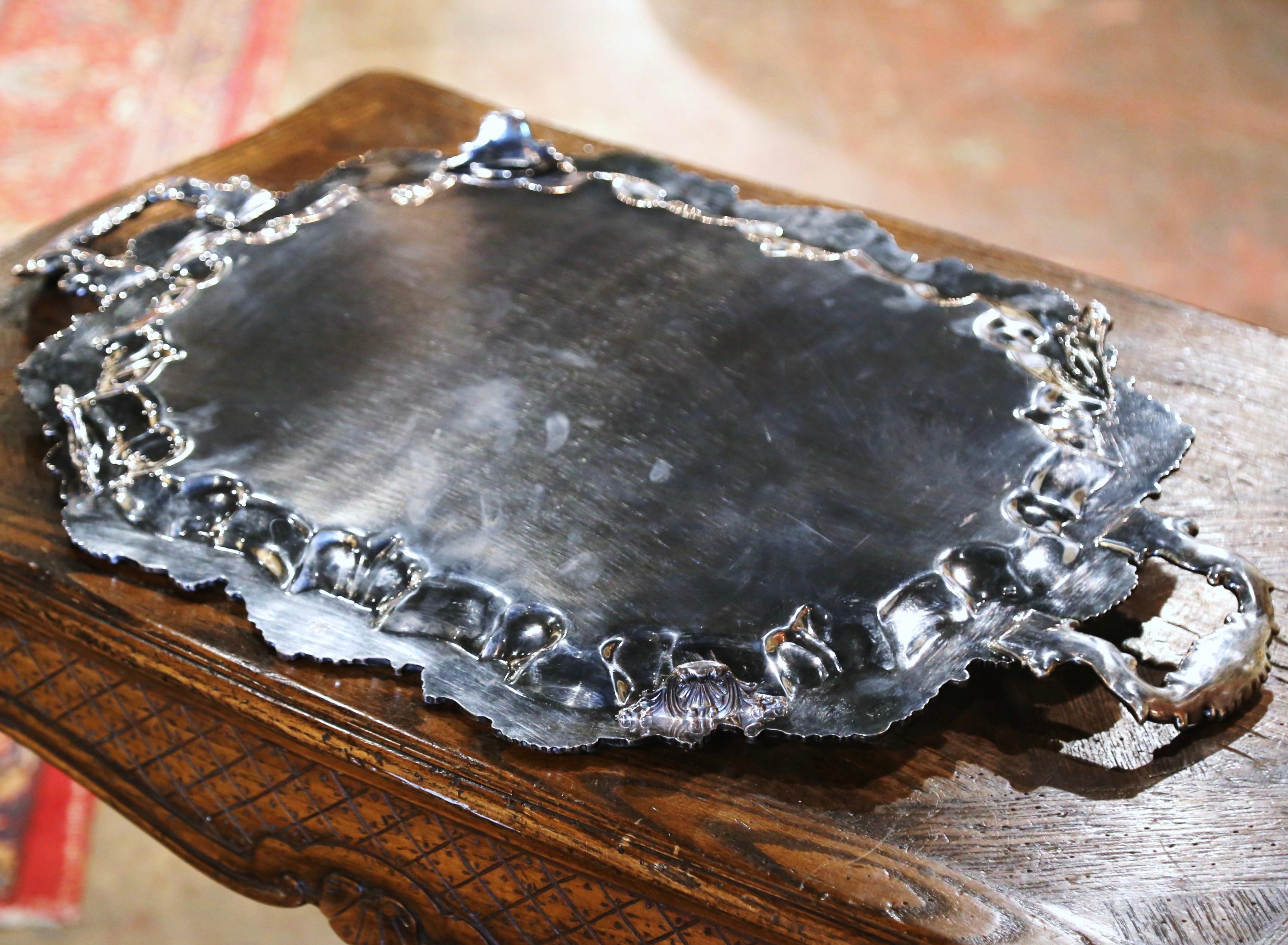 Mid Century French Louis XV Silver Plated Tray with Ornate Scrolls & Engravings For Sale 3