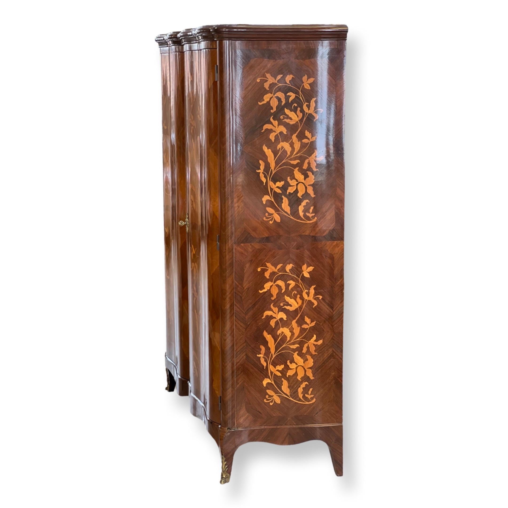Mid Century French Louis XV Style Armoire Featuring Serpentine Marquetry 8