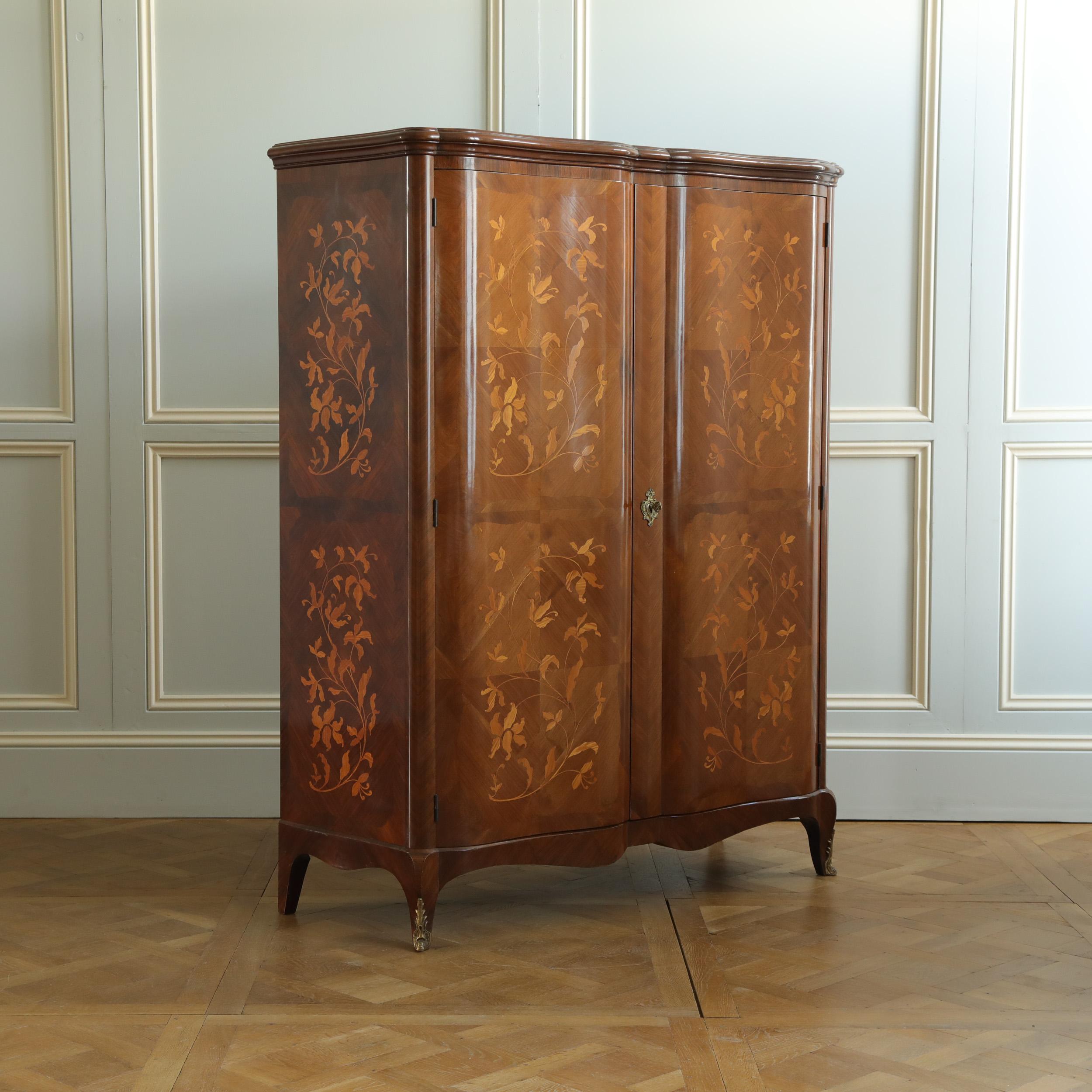 20th Century Mid Century French Louis XV Style Armoire Featuring Serpentine Marquetry