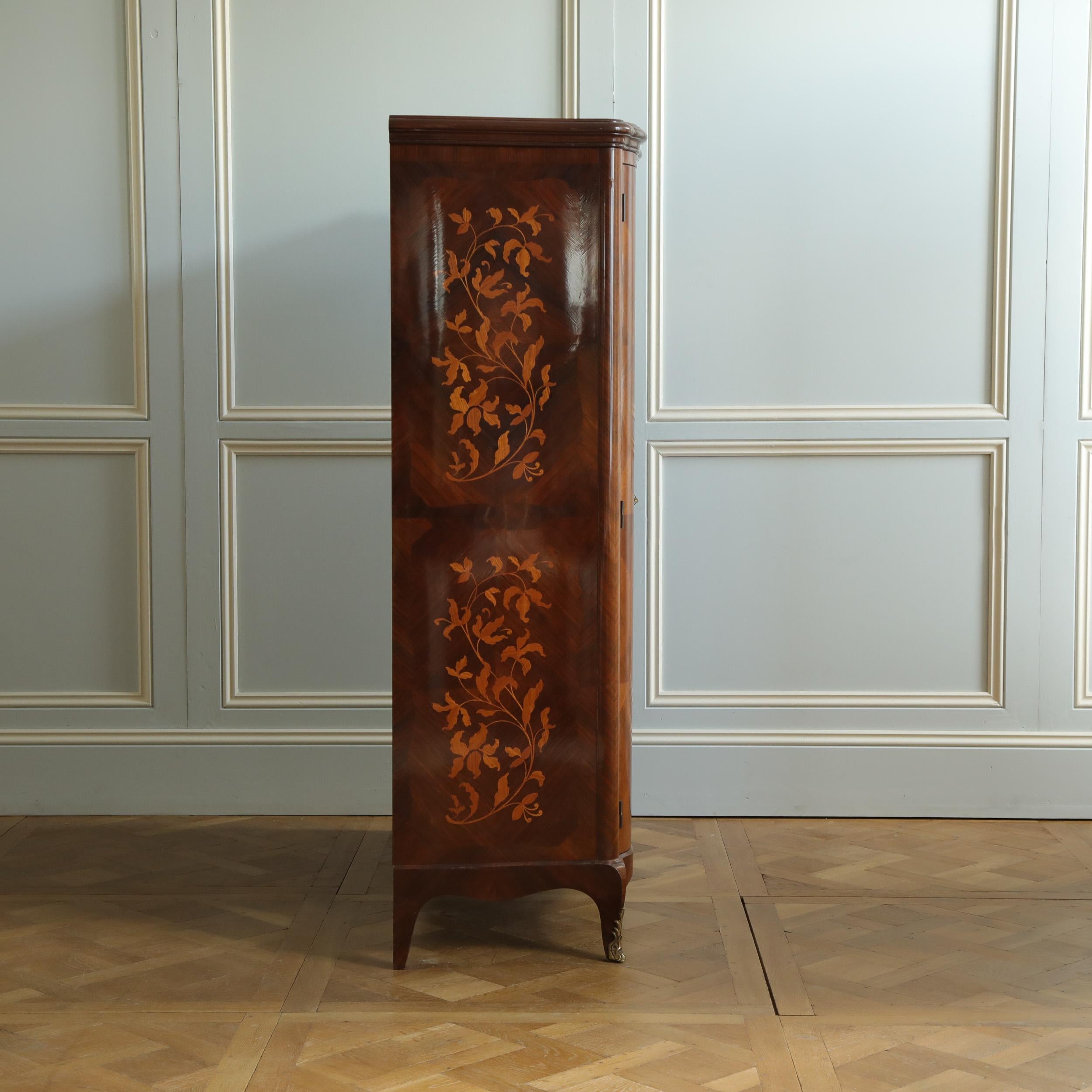 Kingwood Mid Century French Louis XV Style Armoire Featuring Serpentine Marquetry