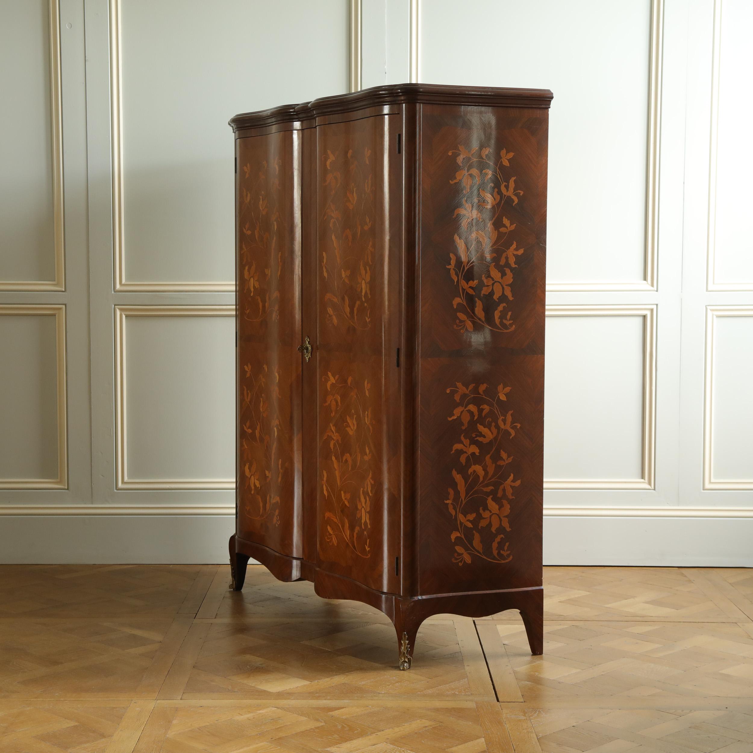 Mid Century French Louis XV Style Armoire Featuring Serpentine Marquetry 2