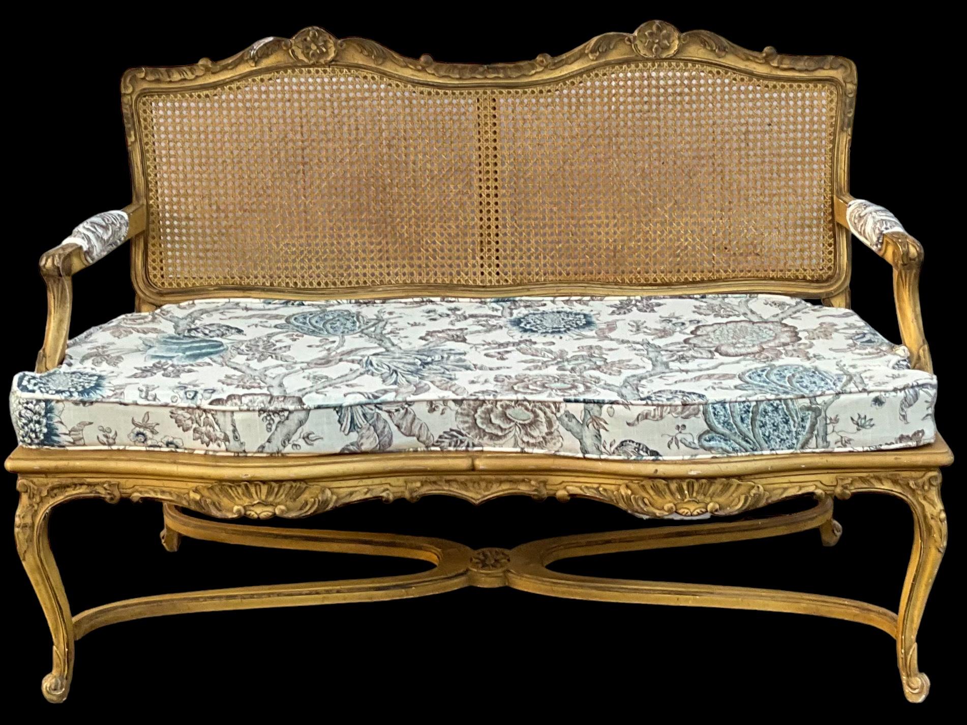 Upholstery Mid-Century French Louis XV Style Caned and Carved Settee in Floral Linen For Sale