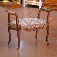 Mid-Century French Louis XV Style Carved Walnut and Upholstered Piano Bench