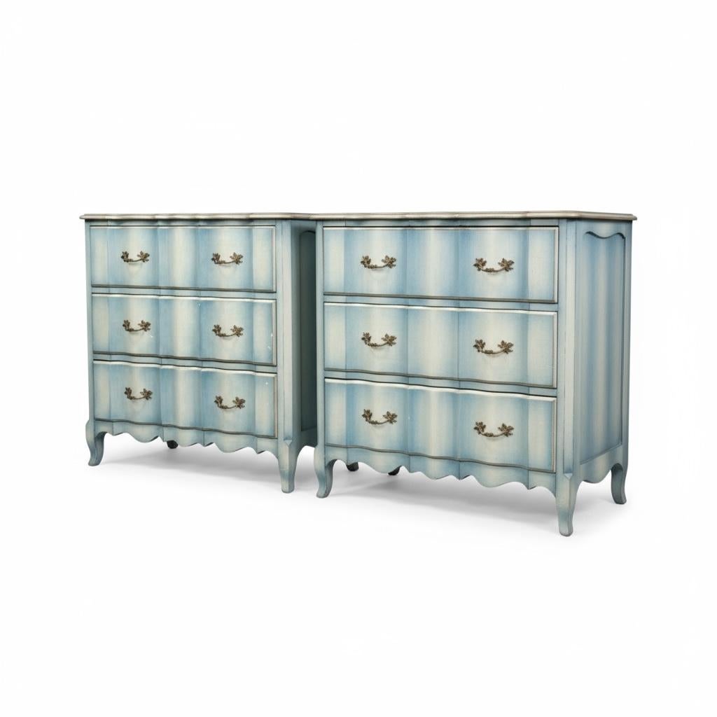 20th Century Mid-Century French Louis XV Style Chests / Commodes W/ Custom Blue Paint - Pair For Sale