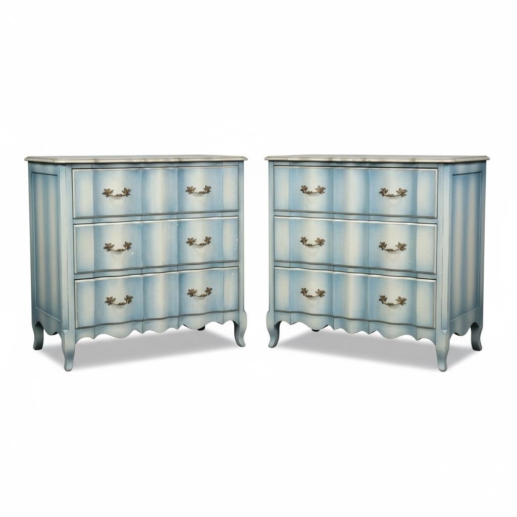 Brass Mid-Century French Louis XV Style Chests / Commodes W/ Custom Blue Paint - Pair For Sale