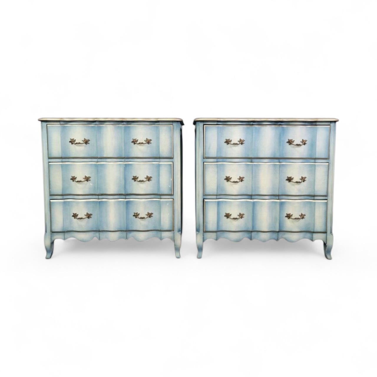 Mid-Century French Louis XV Style Chests / Commodes W/ Custom Blue Paint - Pair For Sale 1