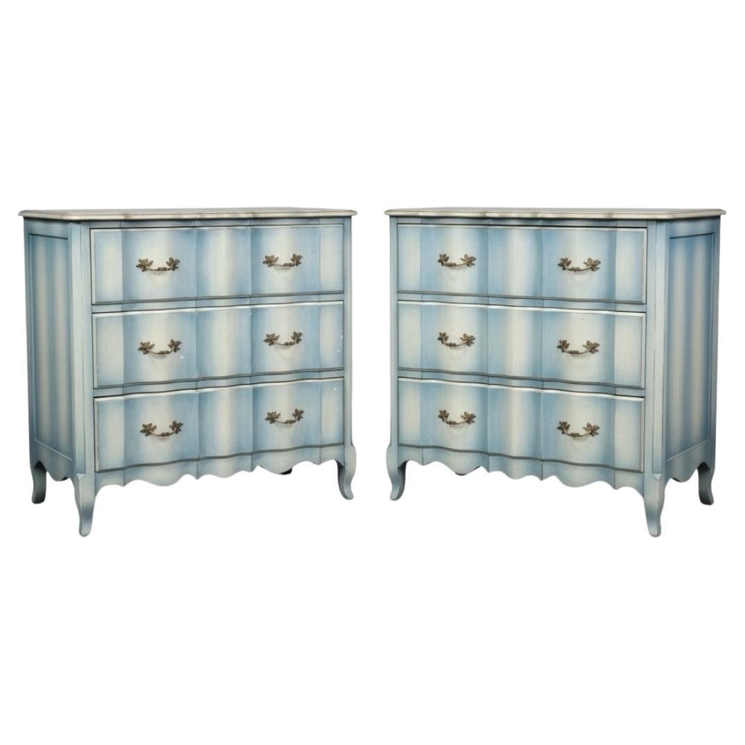 Mid-Century French Louis XV Style Chests / Commodes W/ Custom Blue Paint - Pair For Sale