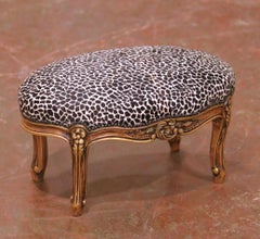 Mid-Century French Louis XV Style Walnut Footstool with Upholstered Seat
