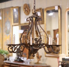 Mid Century French Louis XV Verdigris & Gilt Wrought Iron Eight-Light Chandelier