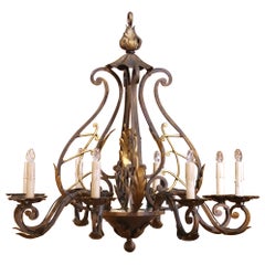 Mid Century French Louis XV Verdigris & Gilt Wrought Iron Eight-Light Chandelier