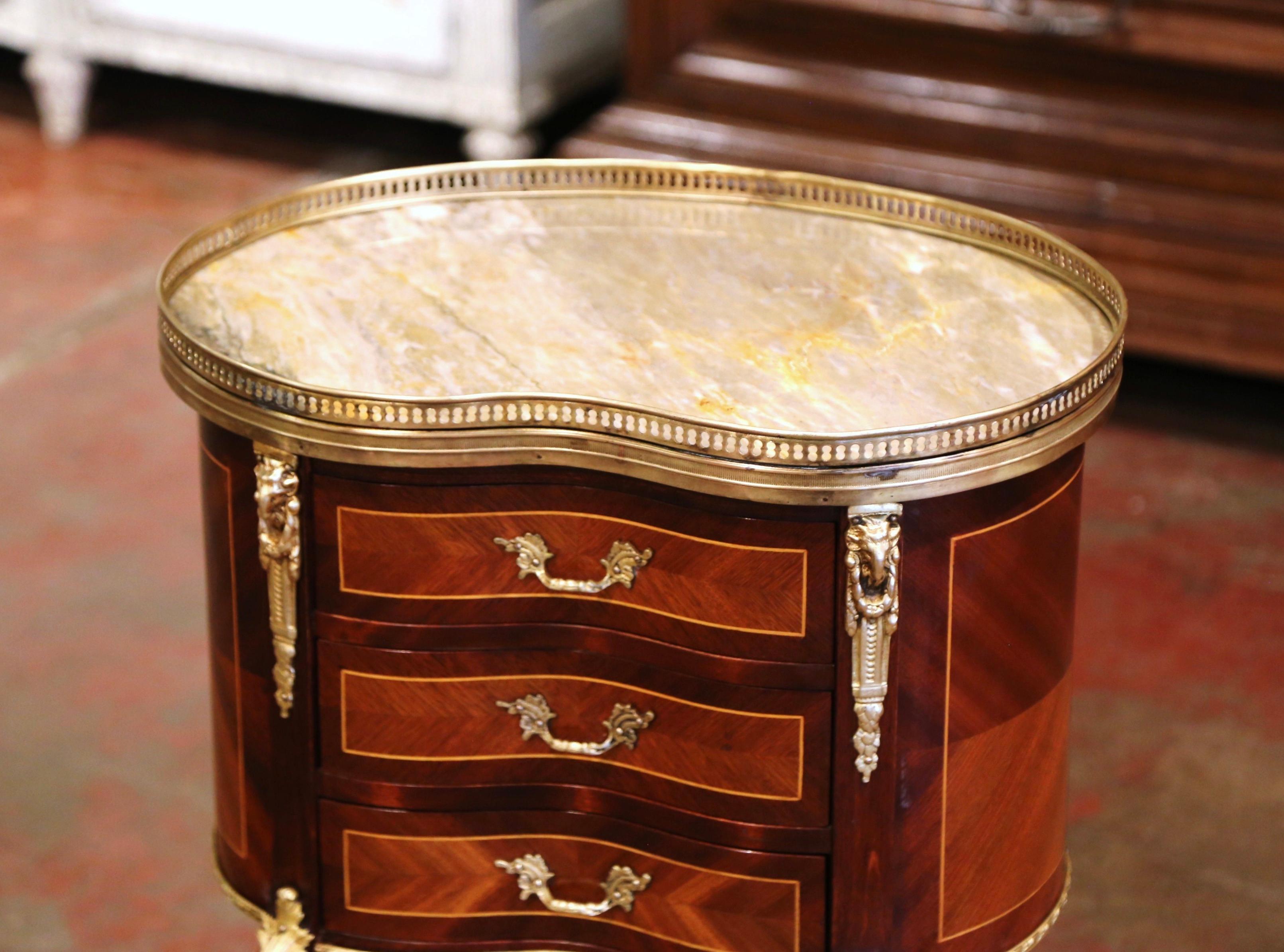 Hand-Carved Midcentury French Louis XV Walnut and Bronze Chest of Drawers with Marble Top
