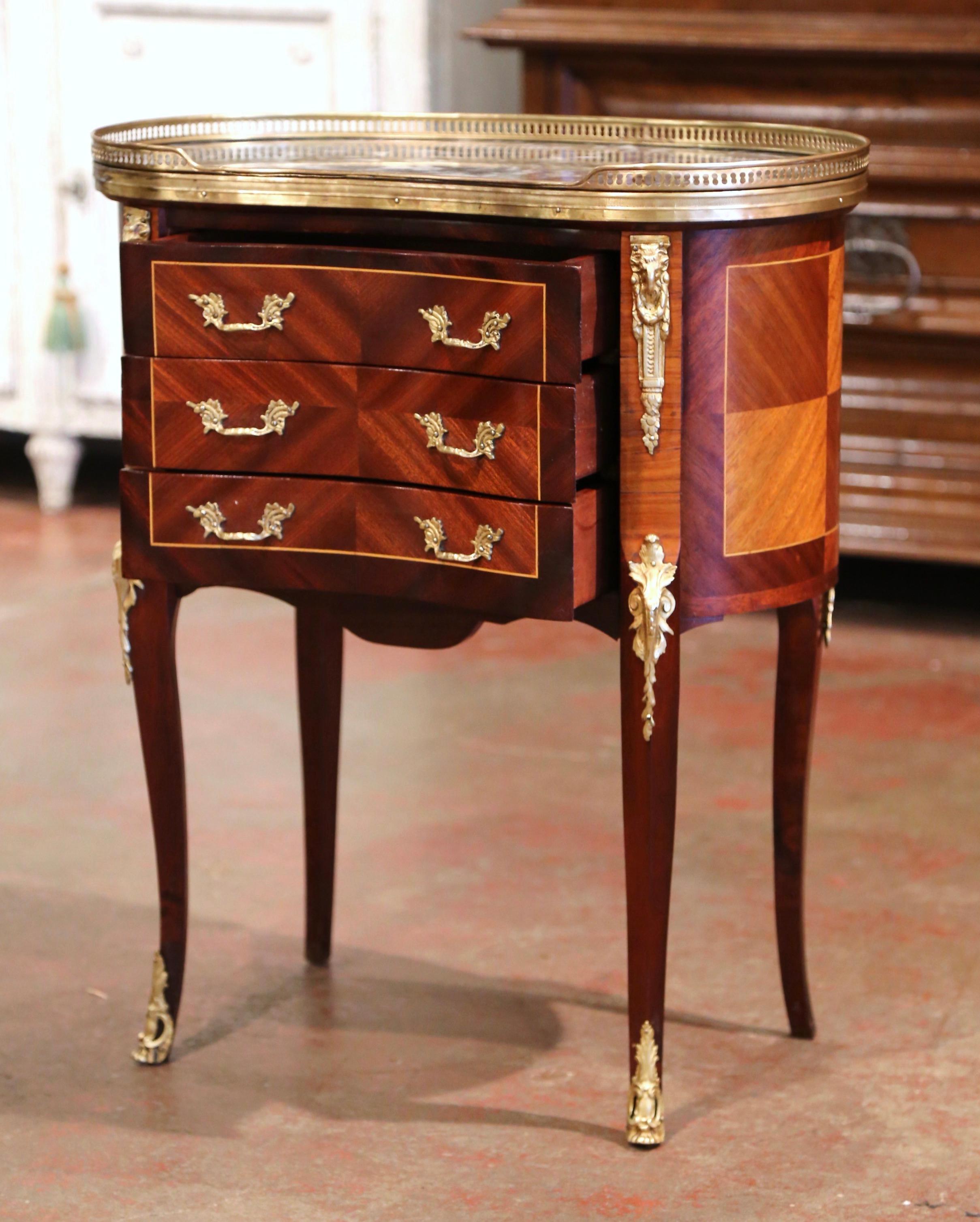 Brass Midcentury French Louis XV Walnut and Bronze Chest of Drawers with Marble Top