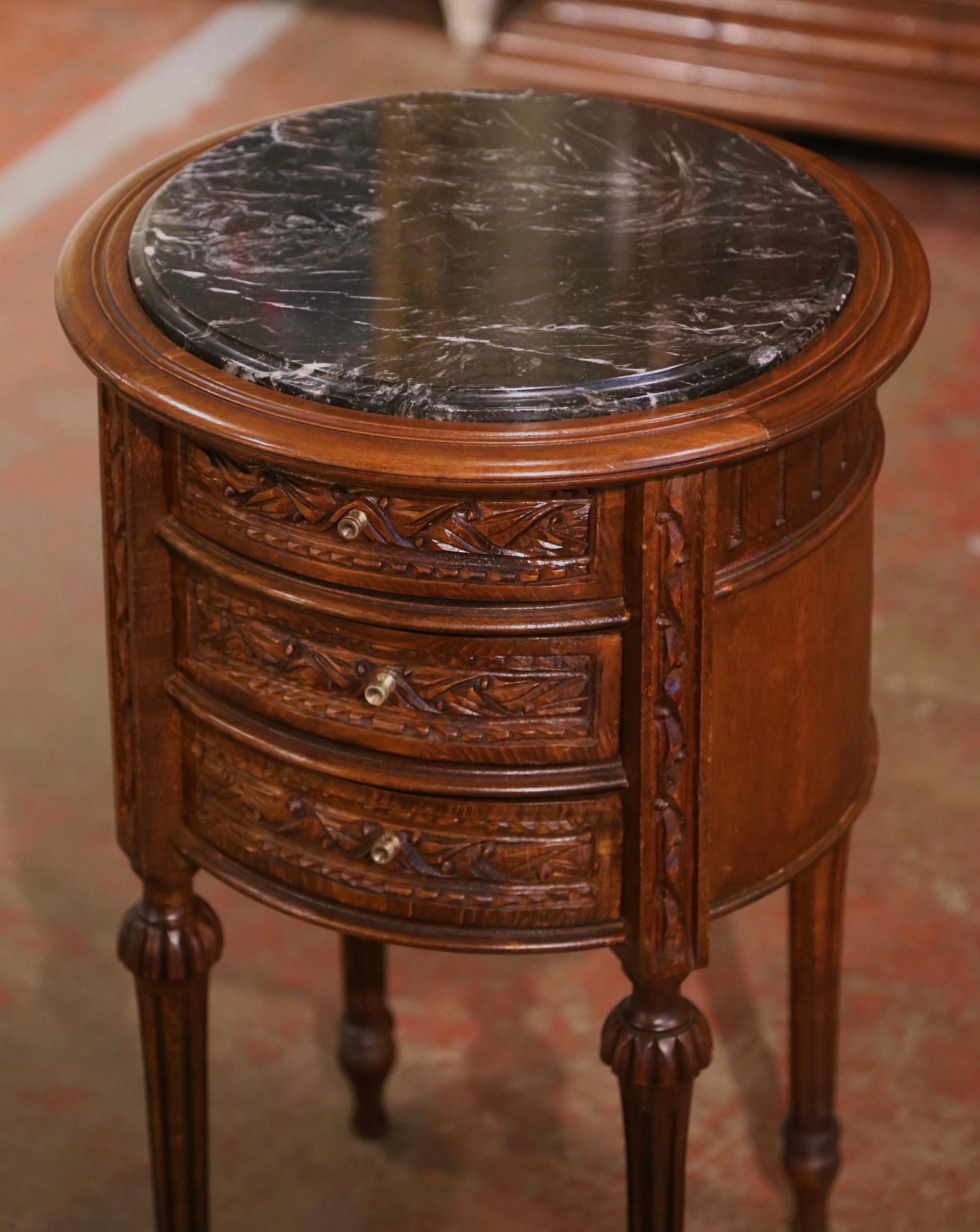 Hand-Carved Mid-Century French Louis XVI Black Marble Top Walnut Gueridon Side Table
