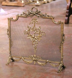 Mid-Century French Louis XVI Brass Fireplace Screen with Mesh Panel