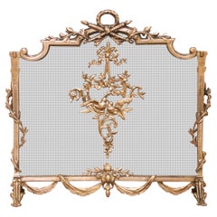 Mid-Century French Louis XVI Brass Fireplace Screen with Mesh Panel