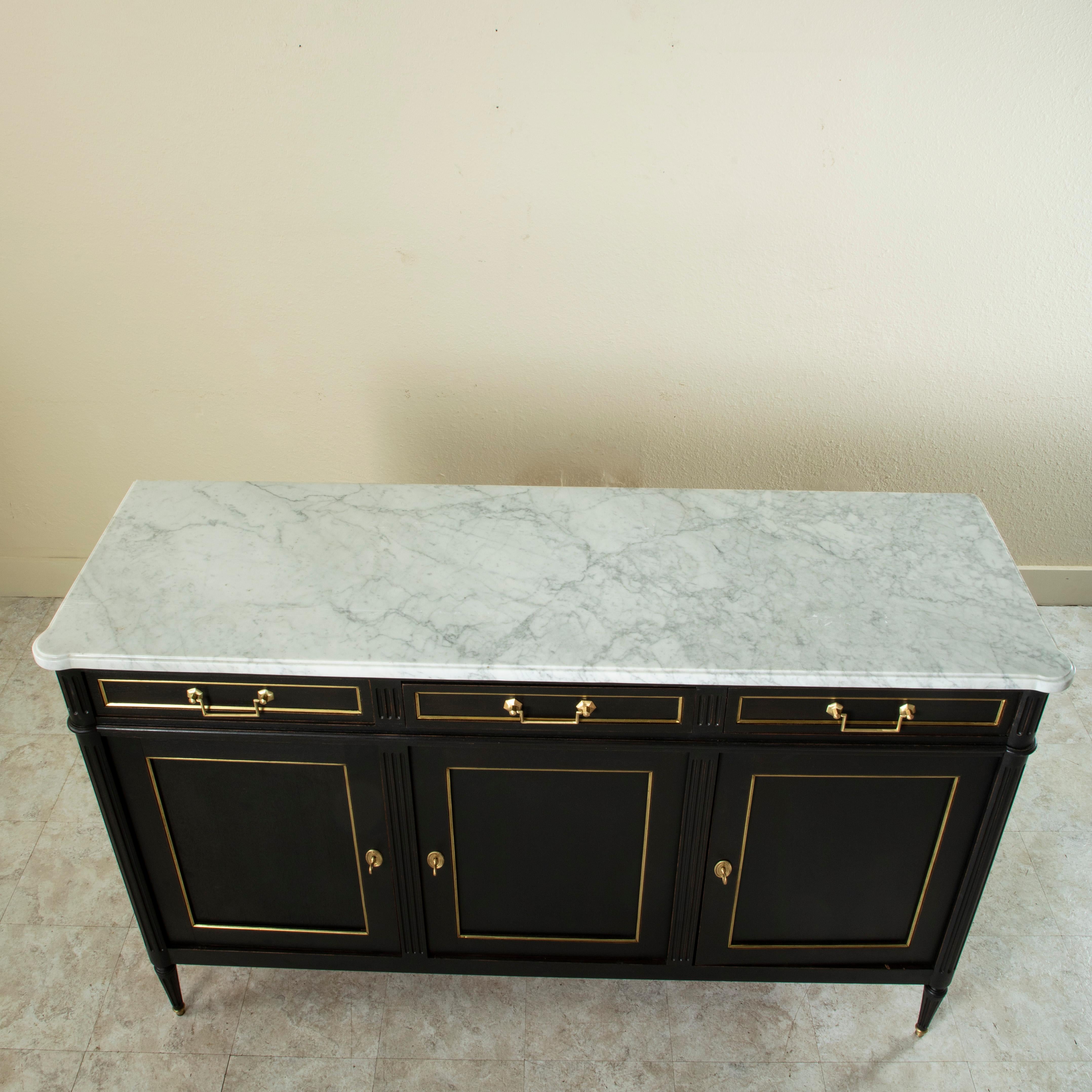 Mid Century French Louis XVI Buffet With White Marble Top and Bronze Detailing 7