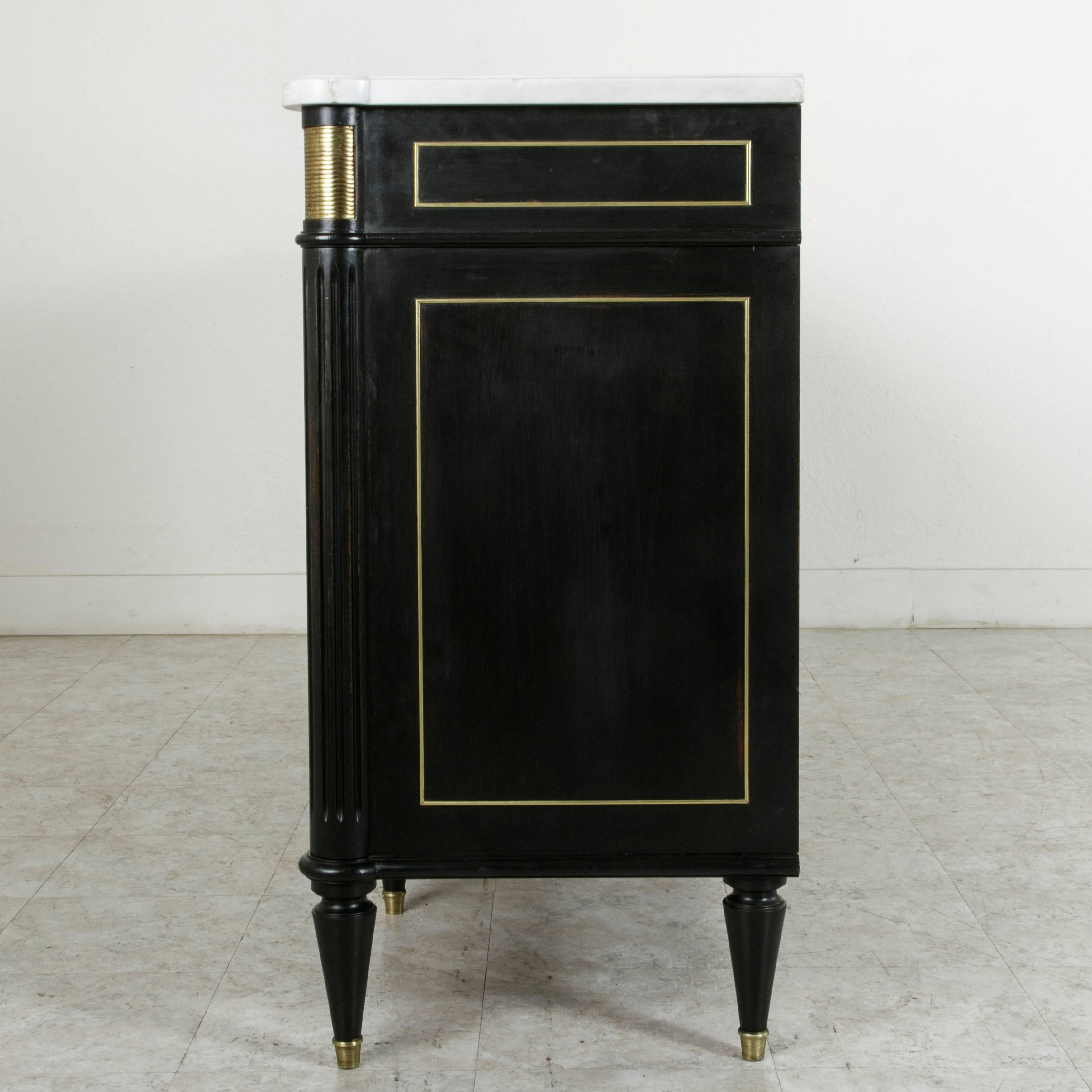 Hand-Painted Midcentury French Louis XVI Buffet with White Marble Top and Bronze Detailing