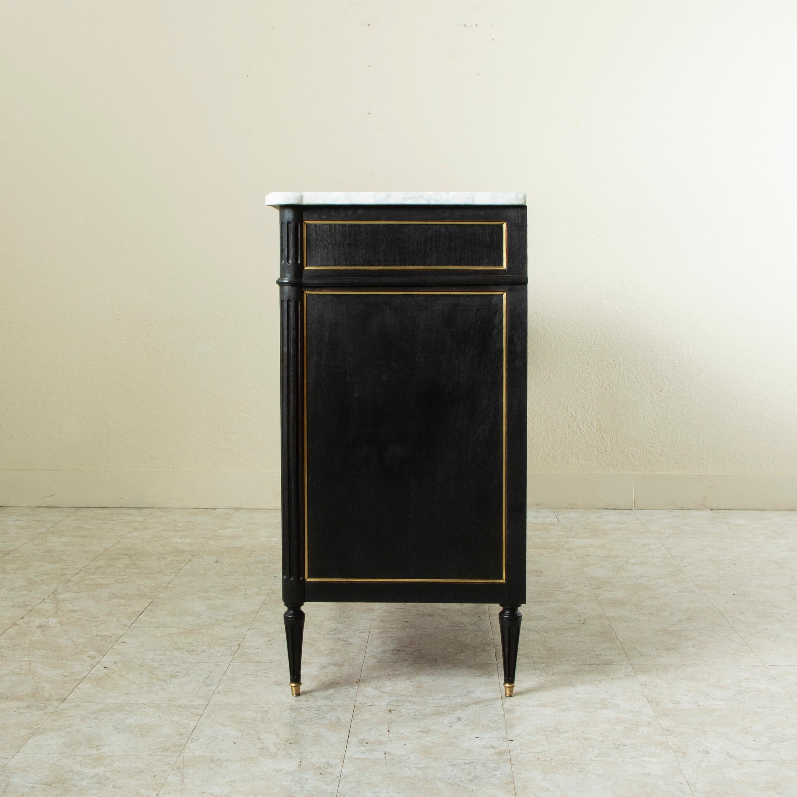 Painted Mid Century French Louis XVI Buffet With White Marble Top and Bronze Detailing