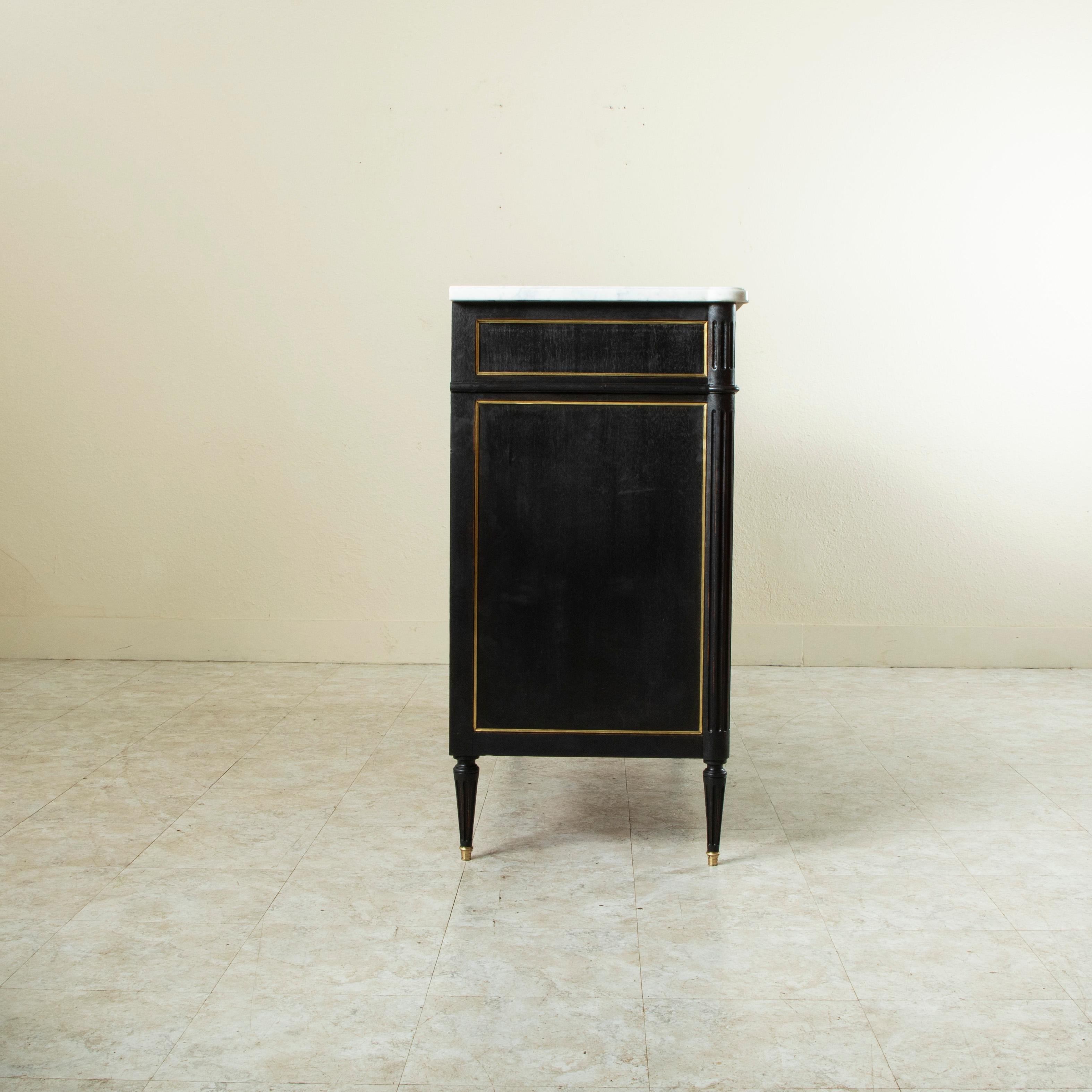 20th Century Mid Century French Louis XVI Buffet With White Marble Top and Bronze Detailing