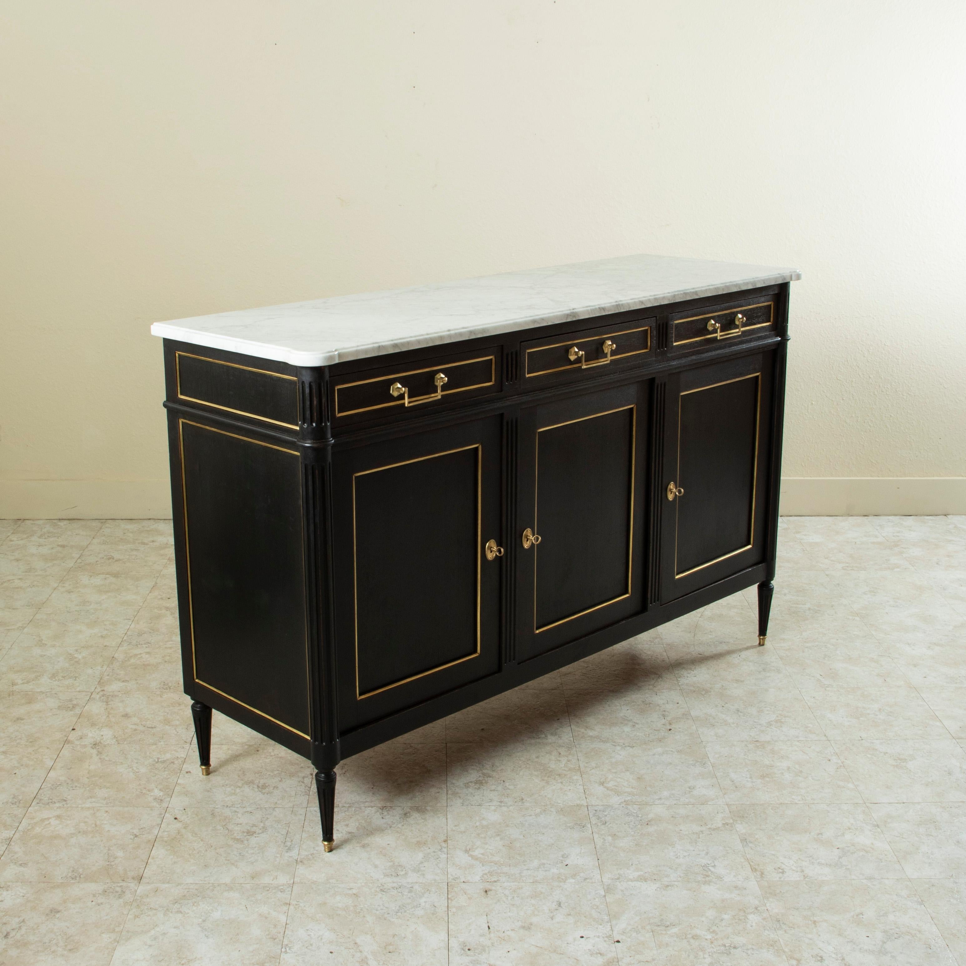 Mid Century French Louis XVI Buffet With White Marble Top and Bronze Detailing 1