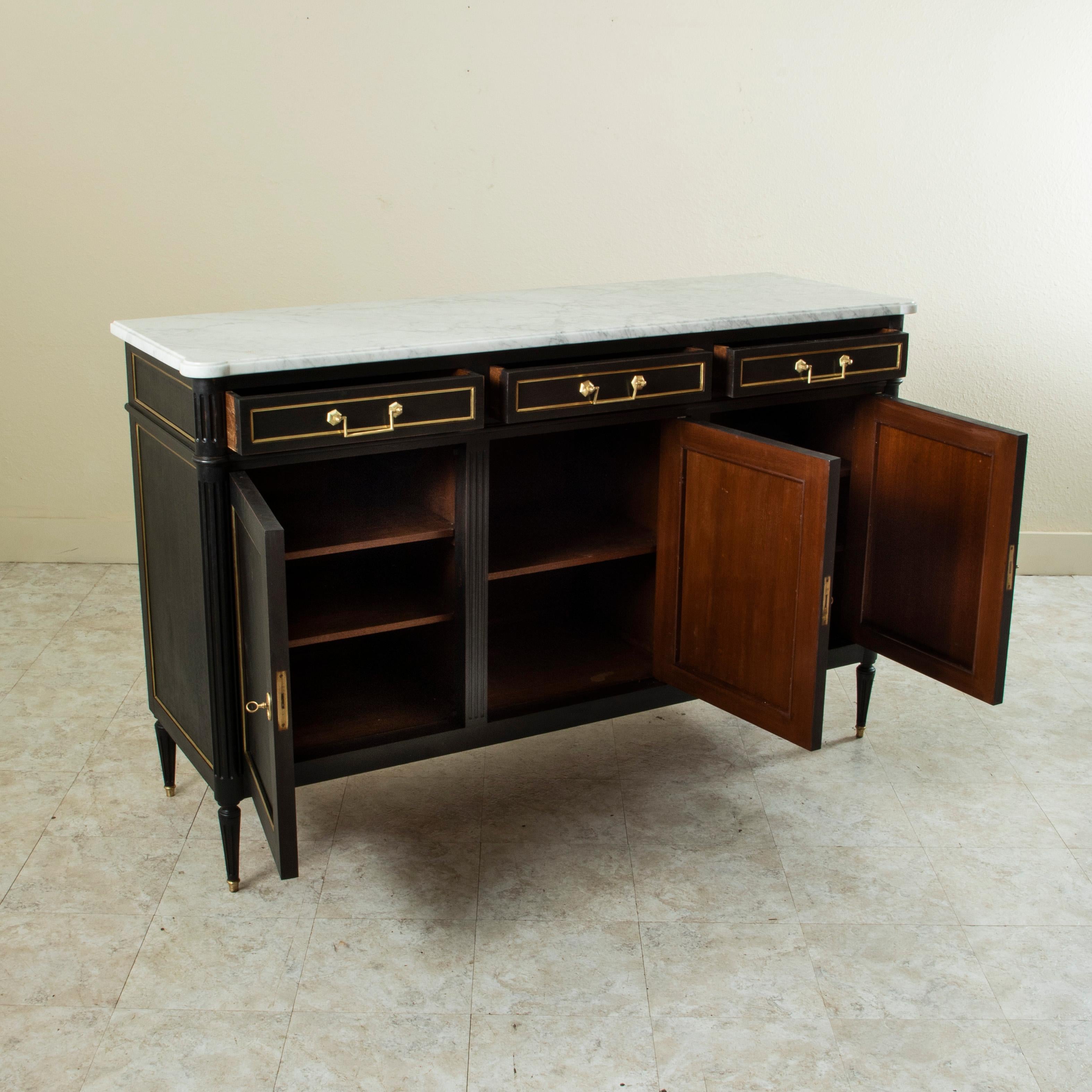 Mid Century French Louis XVI Buffet With White Marble Top and Bronze Detailing 2
