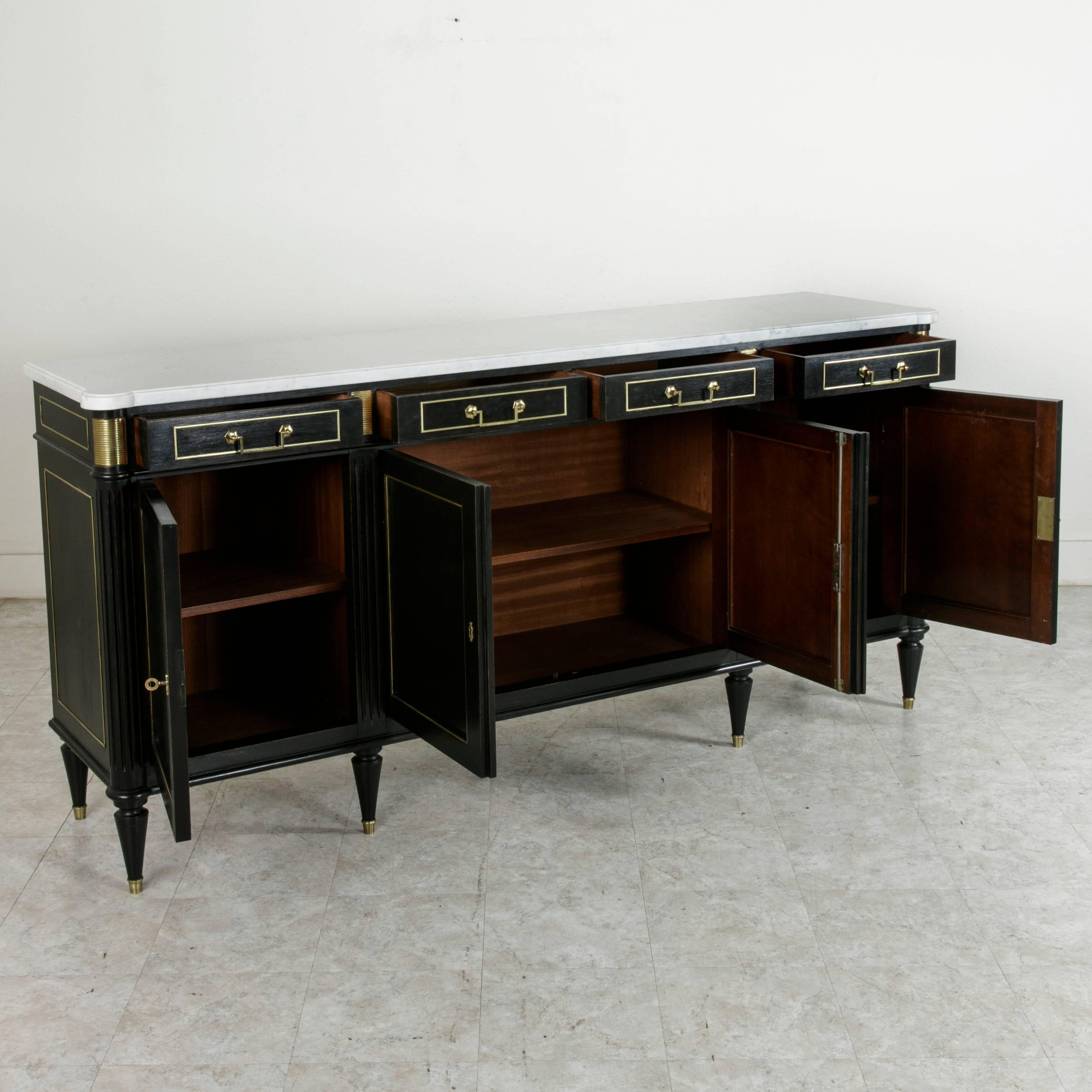 Midcentury French Louis XVI Buffet with White Marble Top and Bronze Detailing 3