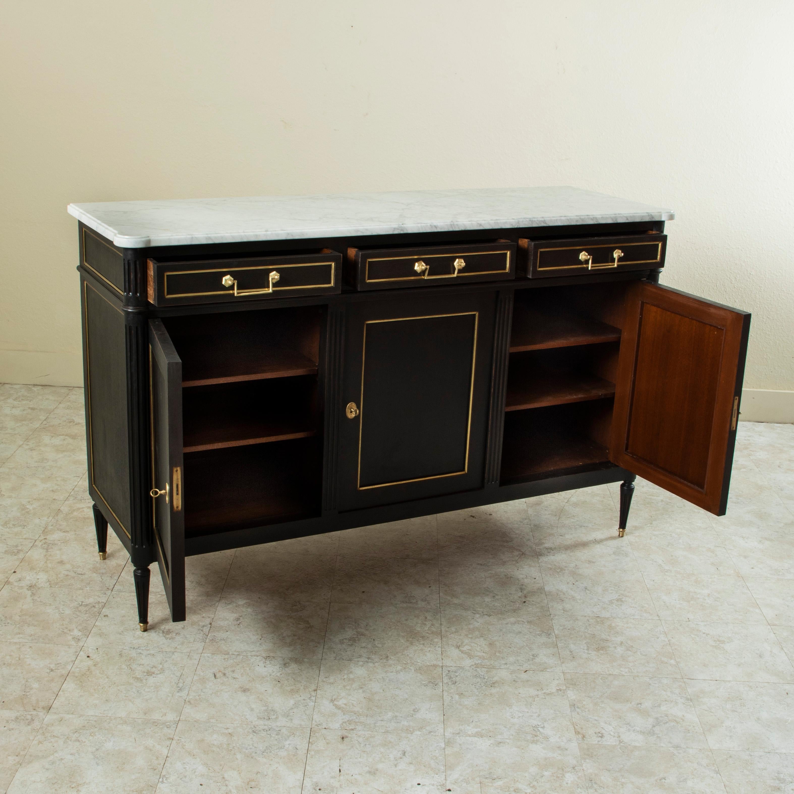 Mid Century French Louis XVI Buffet With White Marble Top and Bronze Detailing 3