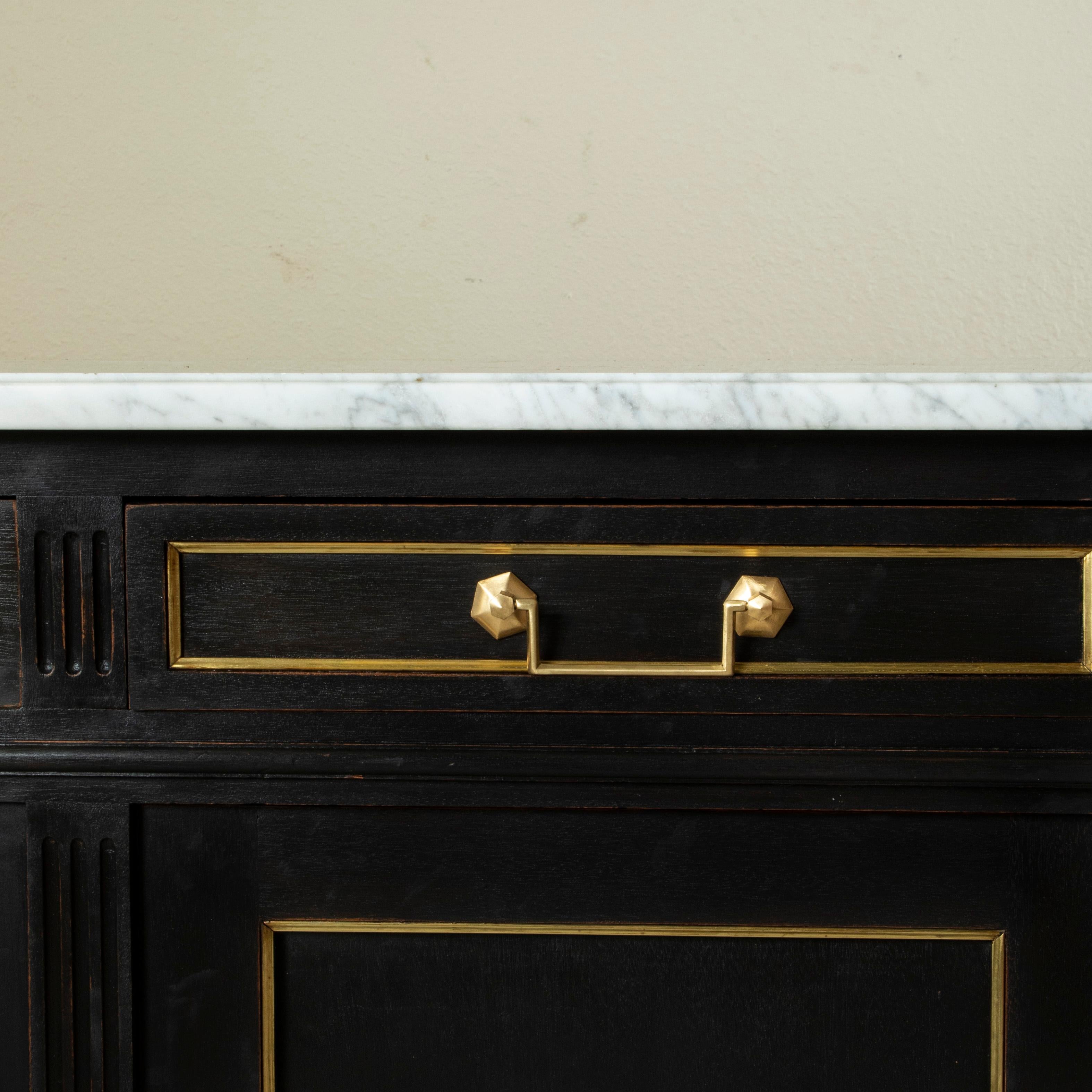 Mid Century French Louis XVI Buffet With White Marble Top and Bronze Detailing 4