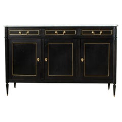Mid Century French Louis XVI Buffet With White Marble Top and Bronze Detailing