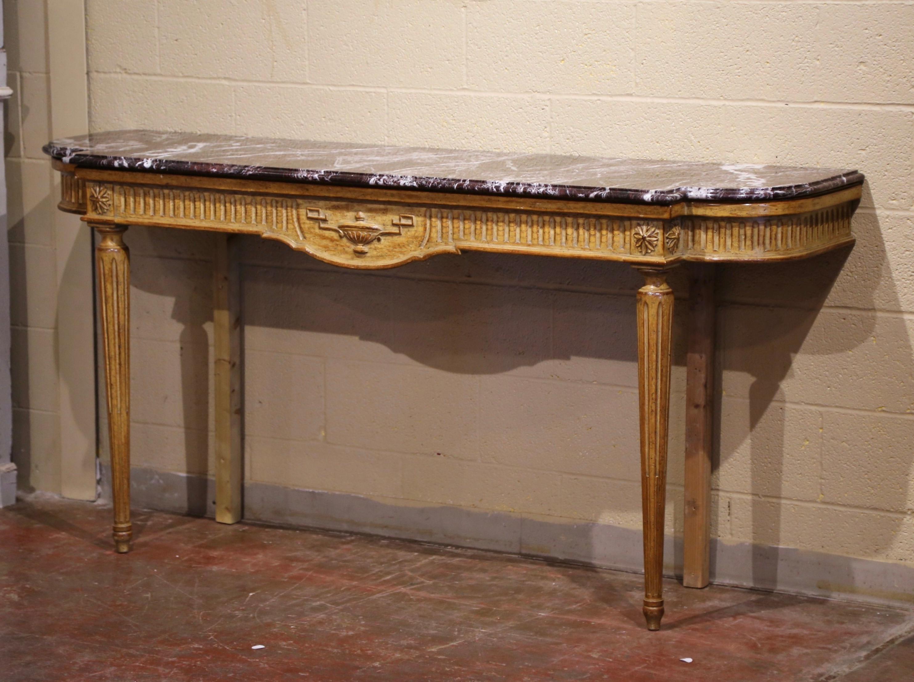 Gilt Midcentury French Louis XVI Carved and Painted Console Table with Marble Top