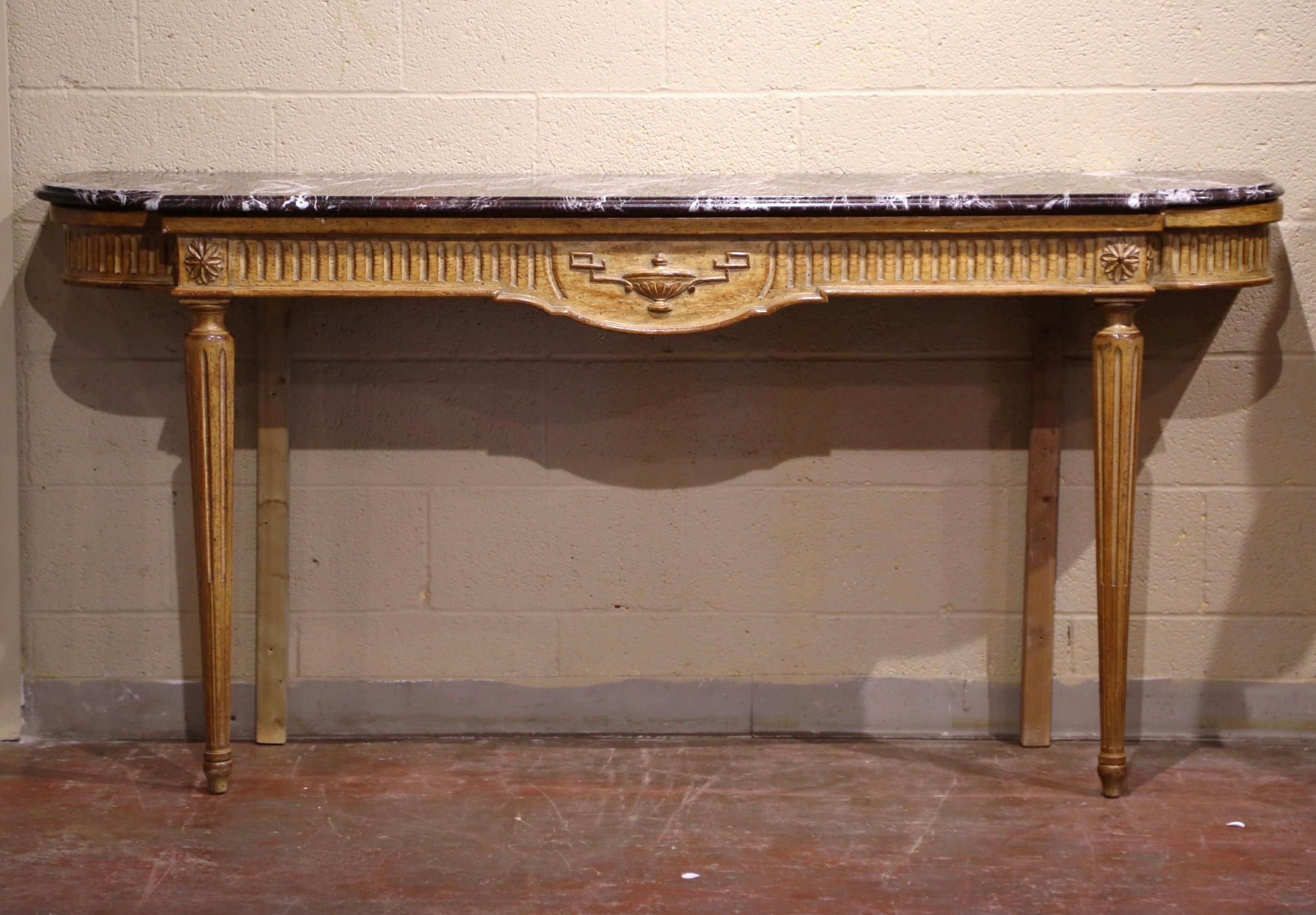 Midcentury French Louis XVI Carved and Painted Console Table with Marble Top In Excellent Condition In Dallas, TX