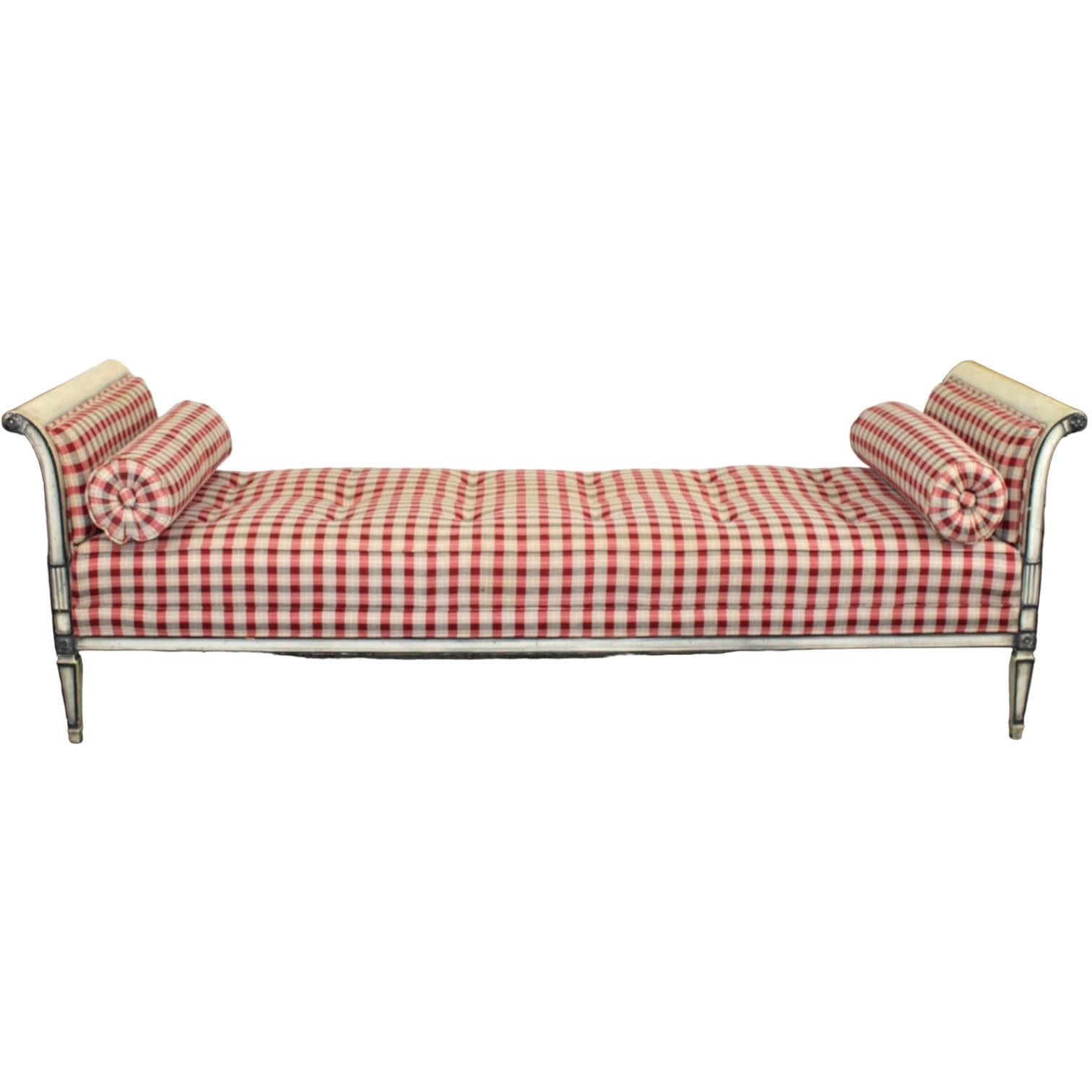 Mid-Century French Louis XVI Style Painted Daybed Or Bench In Red Check 1