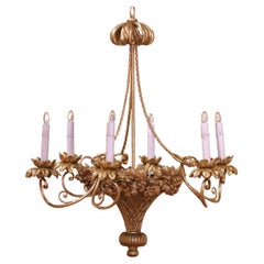Mid-Century French Louis XVI Giltwood Six-Light Basket Floral Chandelier
