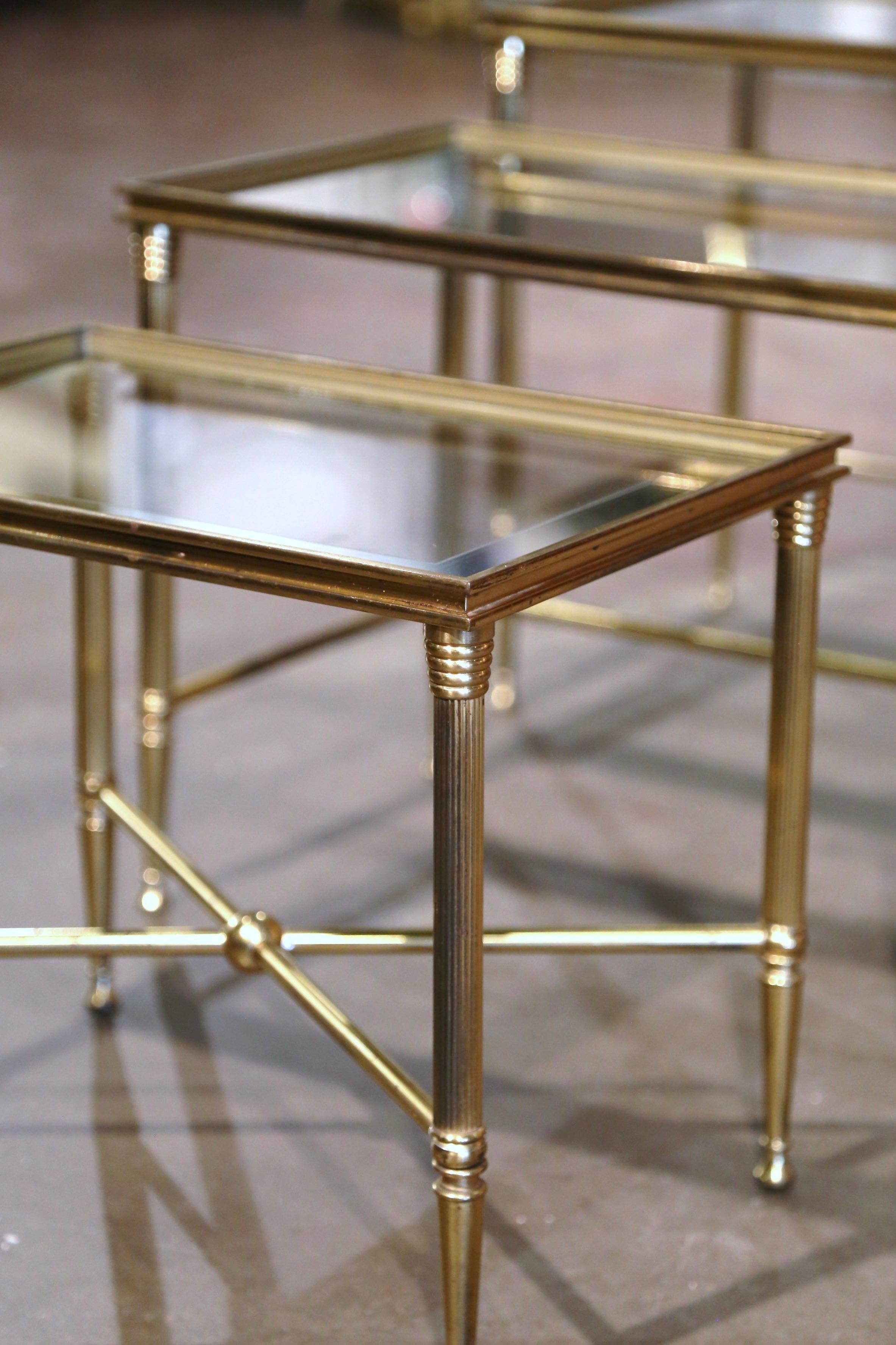 Mid-Century French Louis XVI Glass Top and Brass Nesting Tables Baguès Style For Sale 6