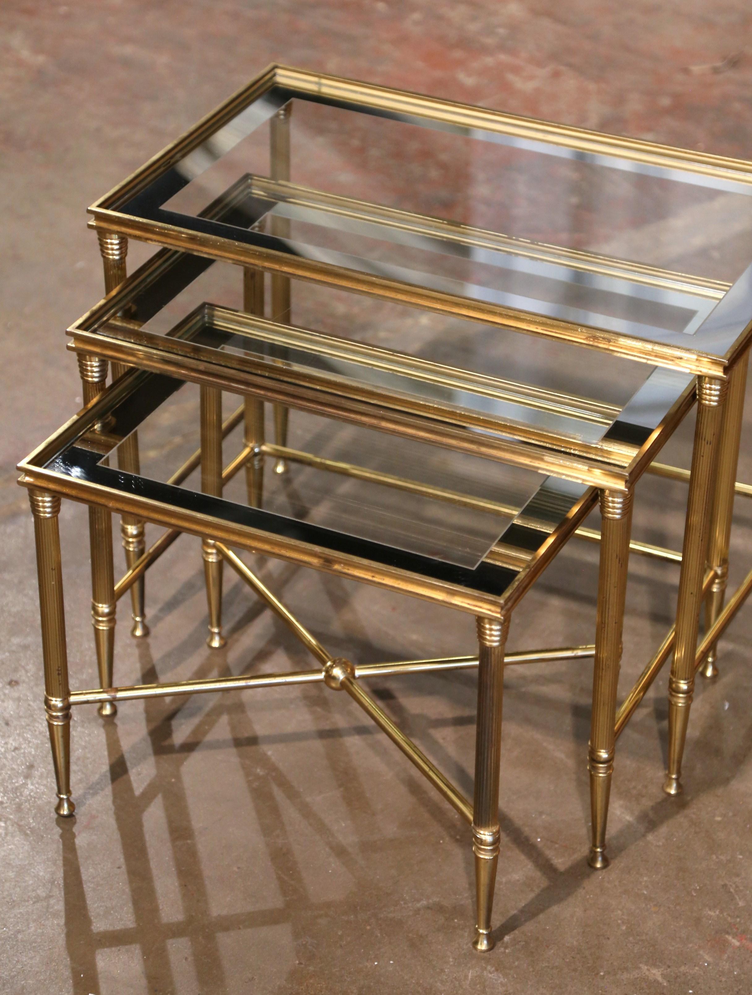 Mid-Century French Louis XVI Glass Top and Brass Nesting Tables Baguès Style For Sale 2