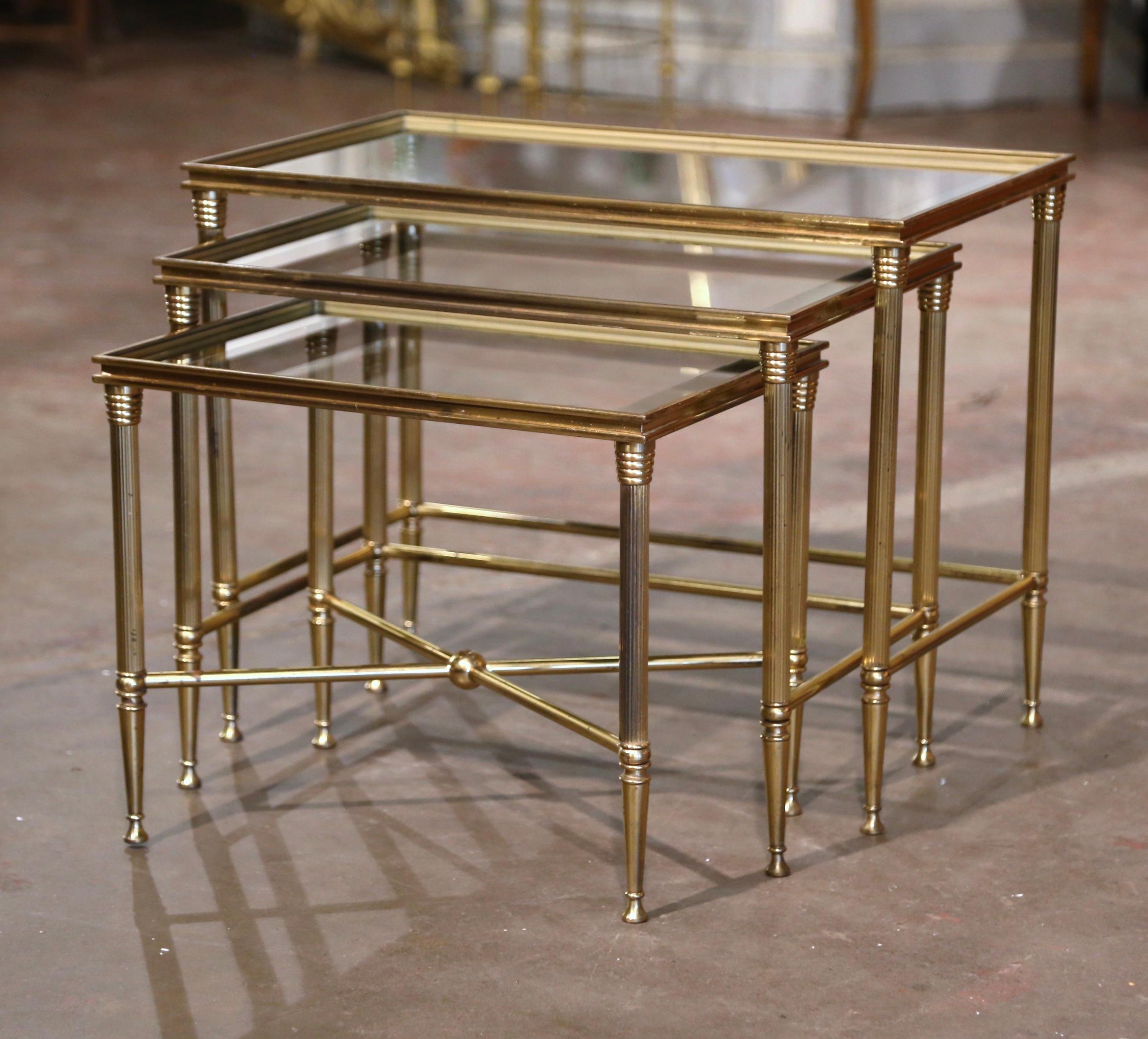 Mid-Century French Louis XVI Glass Top and Brass Nesting Tables Baguès Style For Sale 3