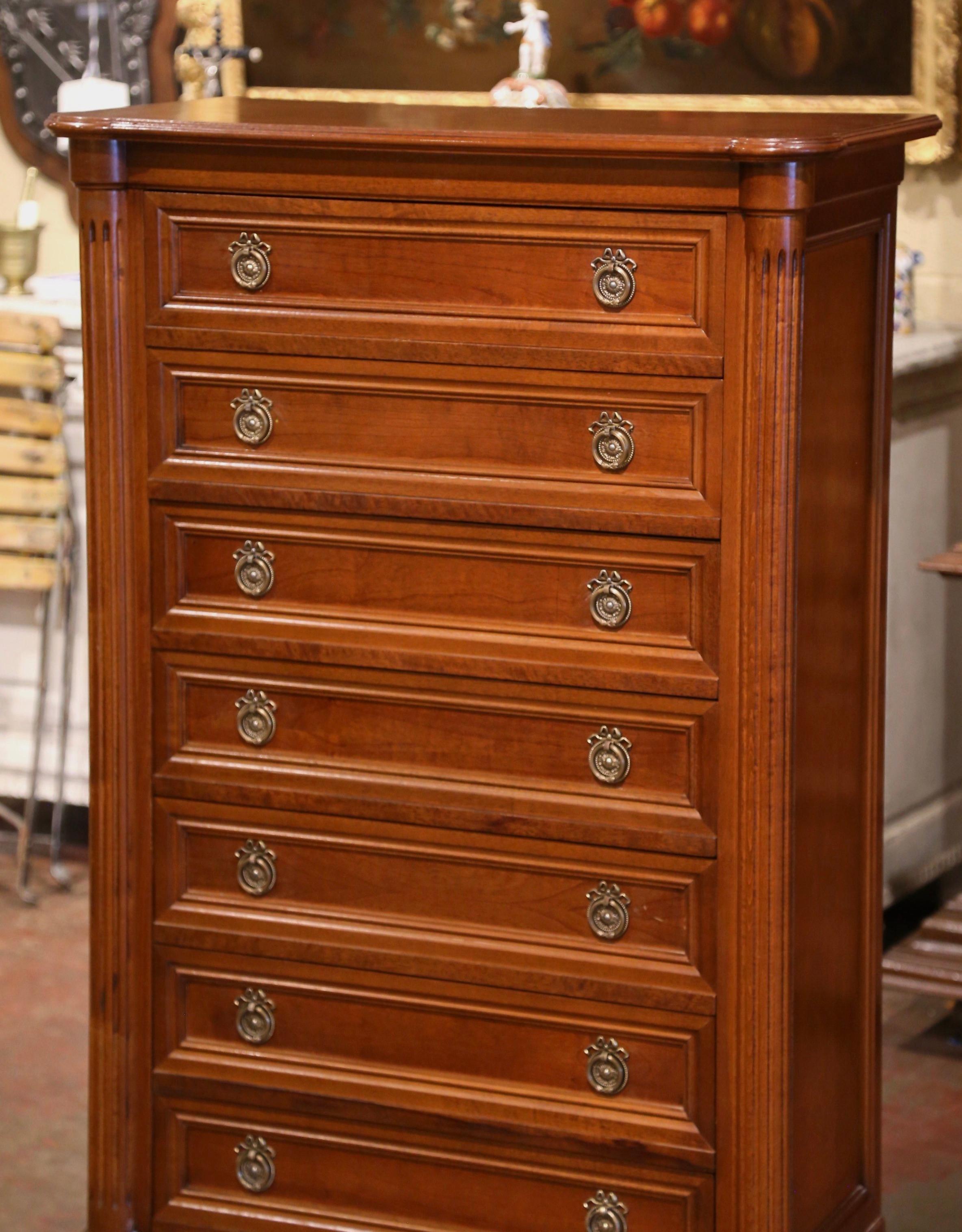 Hand-Carved Mid-Century French Louis XVI Mahogany Seven-Drawer Semainier Chest  For Sale